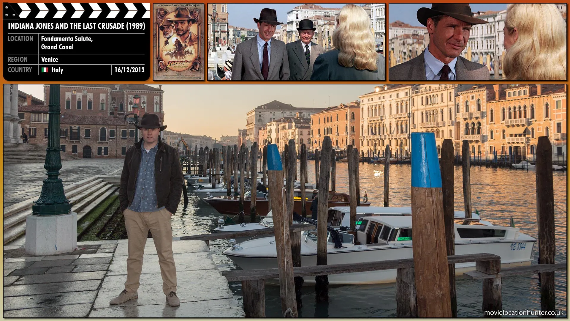 Filming location photo, shot in Italy, for Indiana Jones and the Last Crusade (1989). Scene description: As Indy (Harrison Ford) and Marcus (Denholm Elliott) arrive in Venice they discuss how they will recognise Dr. Schneider (Alison Doody) when they are approached by a woman.