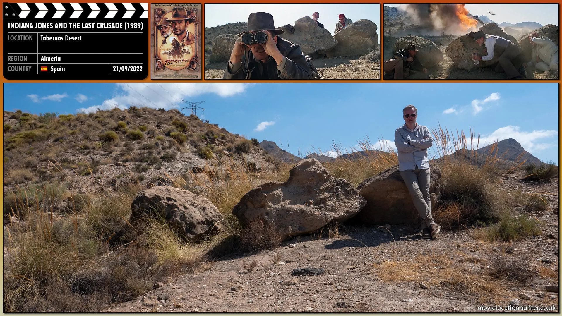 Filming location photo, shot in Spain, for Indiana Jones and the Last Crusade (1989). Scene description: The tank below fires a shell and it whistles overhead and and destroys the parked car. Indy (Harrison Ford), Henry (Sean Connery) and Sallah (John Rhys-Davies) cover their heads as automobile fragments rain down upon them.
