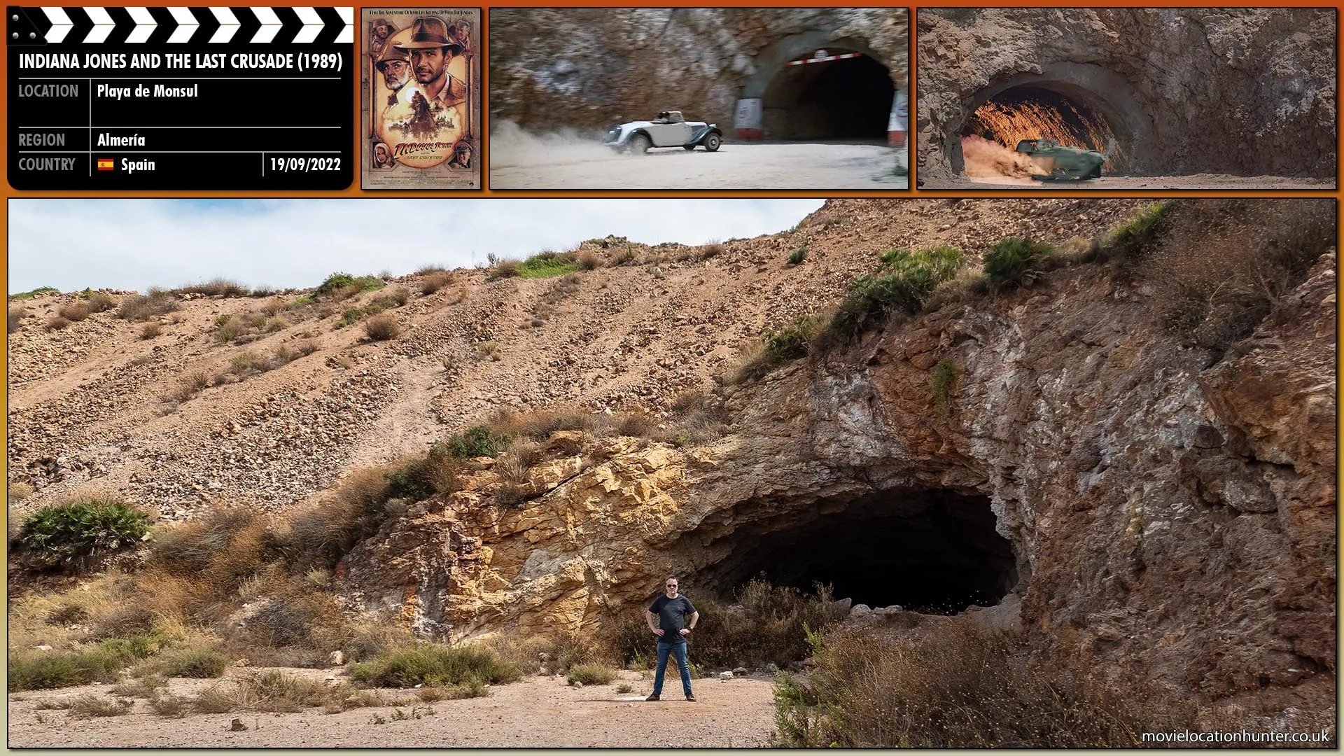 Filming location photo, shot in Spain, for Indiana Jones and the Last Crusade (1989). Scene description: The car races toward a tunnel that cuts through a steep mountainside. The Messerschmidt bears down on Indy's car, machine guns chattering. The car enters the tunnel. The Messerschmidt cannot pull up in time. It slams into the mouth of the tunnel, shearing off its wings. : In reality, the same opening of the tunnel is used both for the entry and exit.  The scene of the car entering the tunnel is flipped.