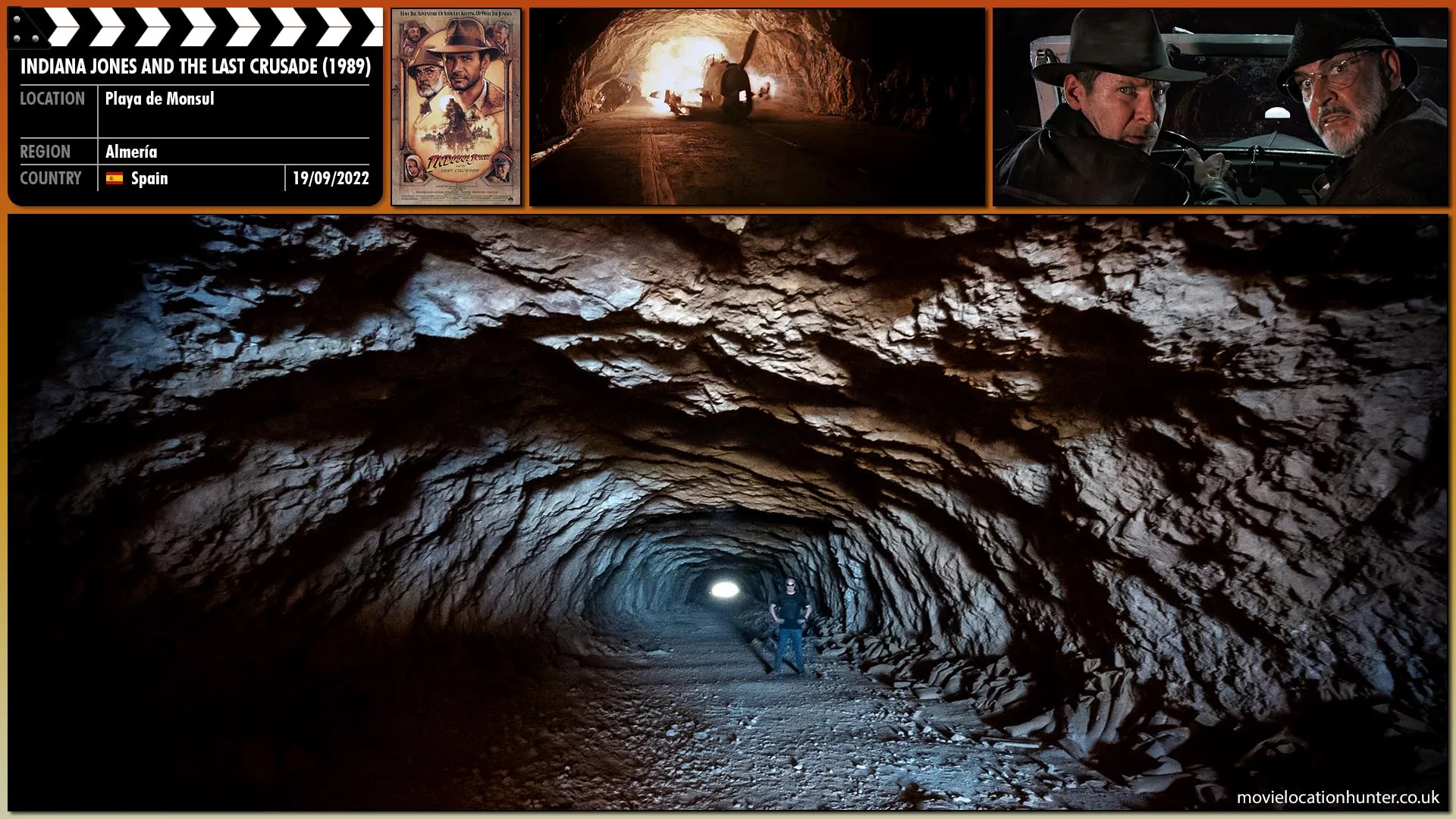 Filming location photo, shot in Spain, for Indiana Jones and the Last Crusade (1989). Scene description: A flaming fuselage rockets through the tunnel like a bullet down the muzzle of a gun.  Sparks fly as its belly scrapes against the road and sides of the tunnel.  Indy (Harrison Ford) and Henry (Sean Connery) look over their shoulders to see this wingless ball of fire gaining on them.