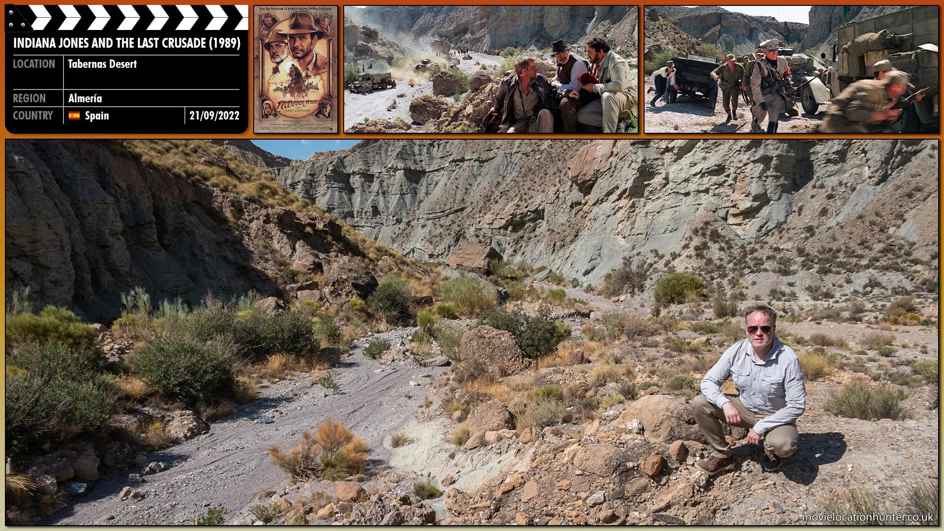 Filming location photo, shot in Spain, for Indiana Jones and the Last Crusade (1989). Scene description: Indy (Harrison Ford) finds Donovan's (Julian Glover) party travelling through the valley below and is surprised to see they have a tank.  A concerned Henry (Sean Connery) forcefully suggests Indy get out of the way to which he smugly replies they are well out of rage. At that moment the tank fires a shell in their direction and Indy runs for cover.