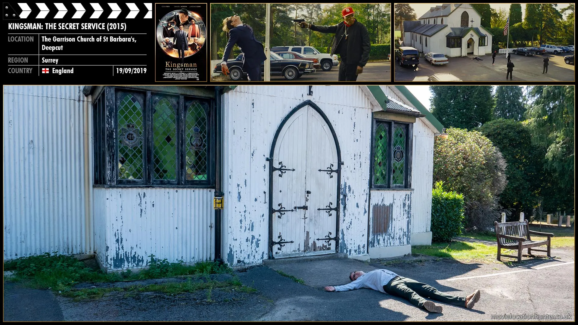 Filming location photo, shot in England, for Kingsman: The Secret Service (2015). Scene description: Harry (Colin Firth) learns of Valentine's connection to an obscure hate group's church in Kentucky, and travels there, wearing glasses containing a video transceiver. As Eggsy (Taron Egerton) watches, Valentine (Samuel L. Jackson) activates the SIM cards in the church, triggering a signal that causes the parishioners to become murderously violent. Harry's training leaves him as the only survivor. Outside the church Valentine explains what happened, and then shoots Harry in the face.