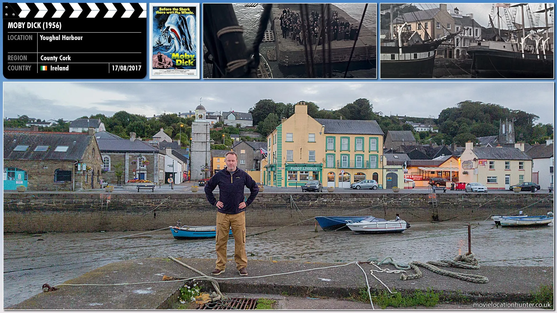 Filming location photo, shot in Ireland, for Moby Dick (1956). Scene description: Ishmael (Richard Basehart) and Queequeg (Friedrich Ledebur) encounter Elijah (Royal Dano), a raggedy man who tries to warn them about the danger of sailing with Ahab (Gregory Peck). When the sailors take no heed of him, Elijah foretells that, on the day their shipmates smell land where there is none, Ahab will go to his grave, then 