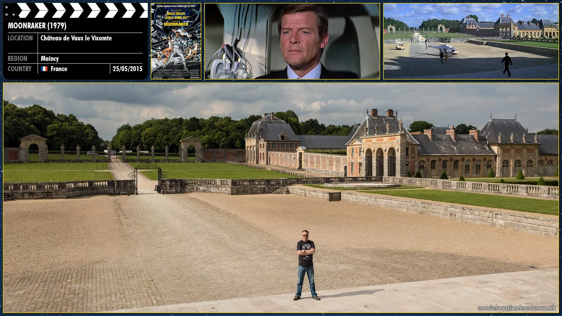 Filming location photo, shot in France, for Moonraker (1979). Scene description: After landing in a helicopter, Bond (Roger Moore) and Corinne Dufour (Corinne Clery) are greeted by a butler who escorts them inside.