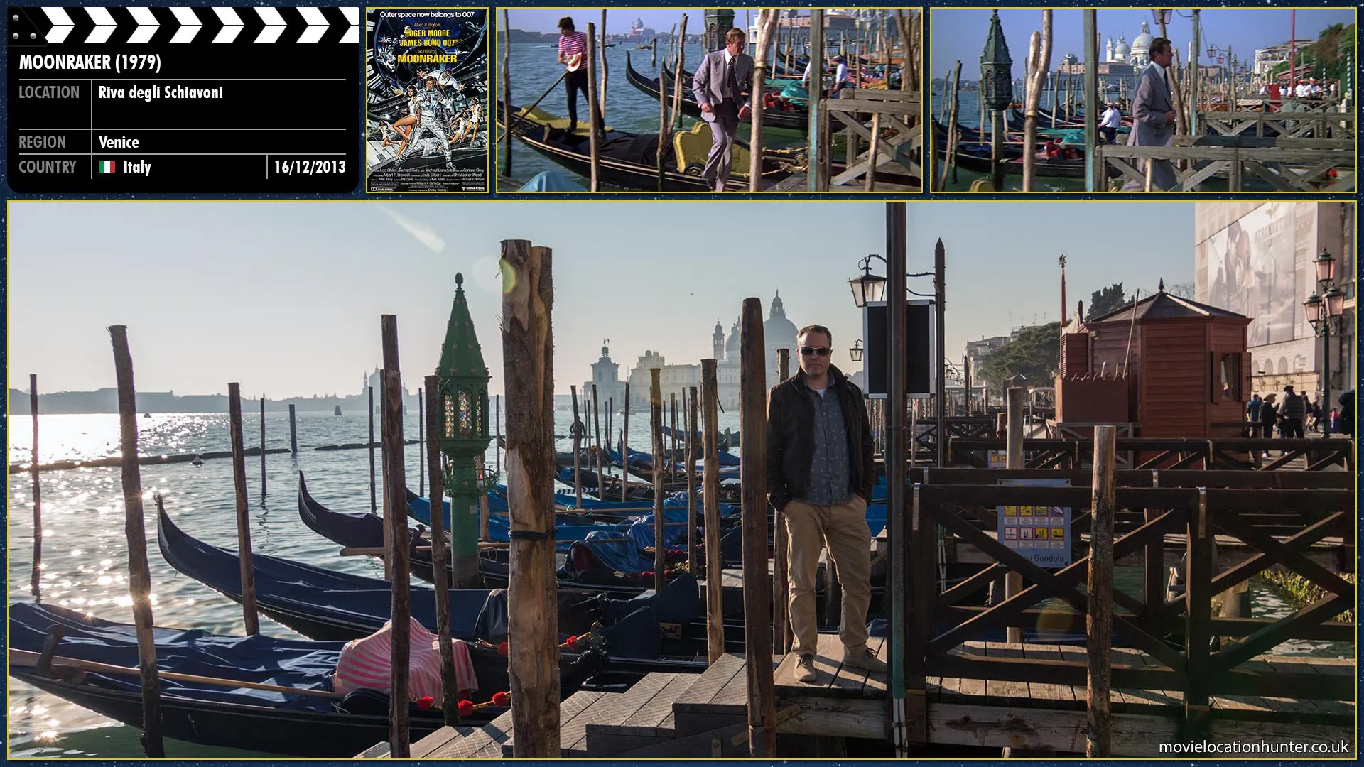 Filming location photo, shot in Italy, for Moonraker (1979). Scene description: Bond (Roger Moore) arrives in Venice.