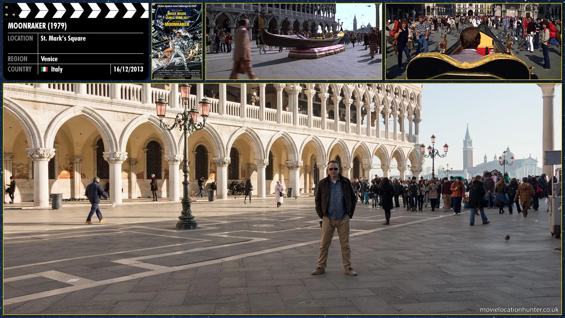 Filming location photo, shot in Italy, for Moonraker (1979). Scene description: Bond (Roger Moore) is chased by two men in a powerboat but eludes them by entering Venice's Grand Canal and activating the gondola's hovercraft which he rides into St. Mark's Square.