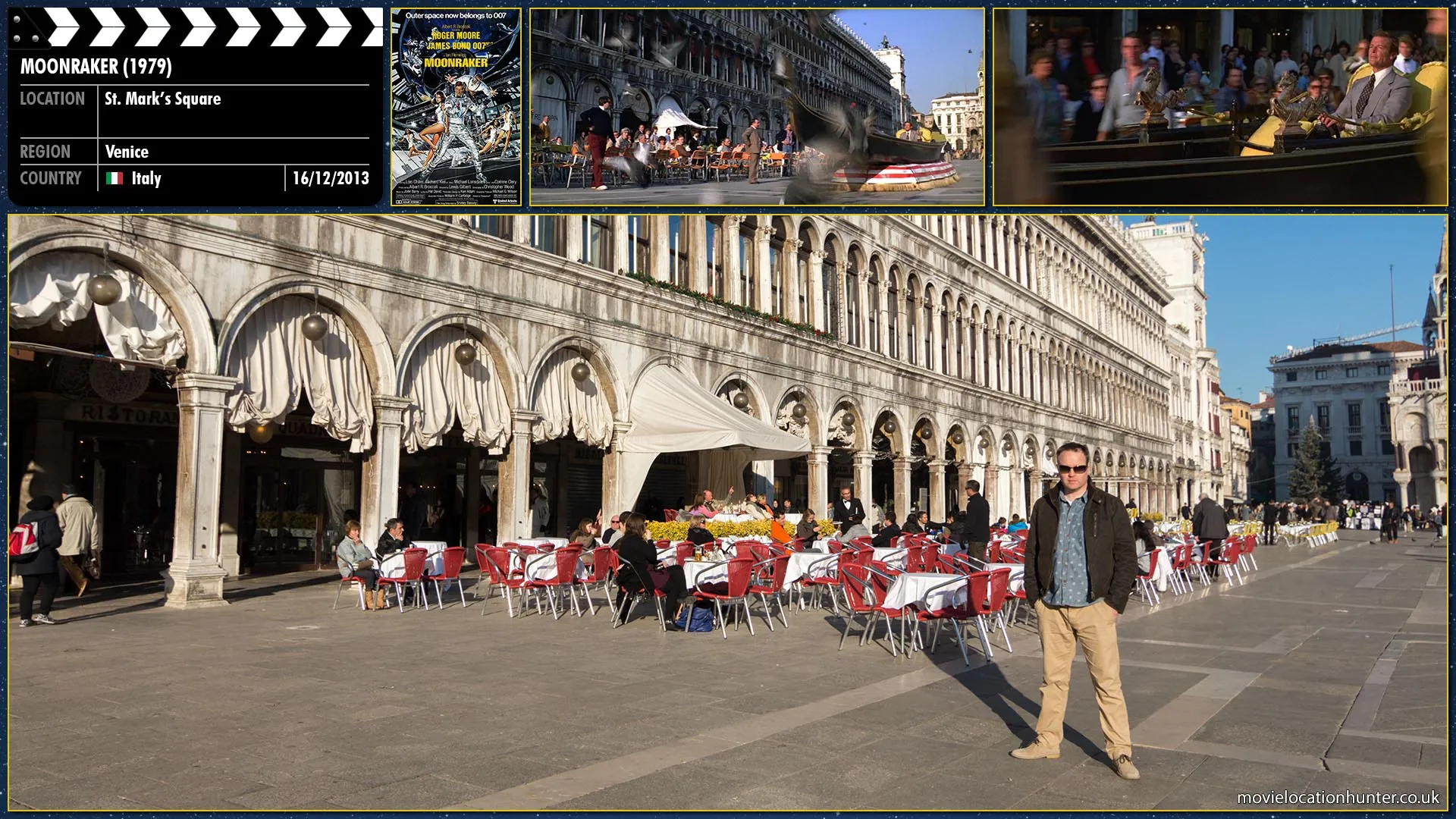 Filming location photo, shot in Italy, for Moonraker (1979). Scene description: Bond (Roger Moore) casually rides his hovercraft Gondola through St. Mark's Square to the bemusement of onlookers.