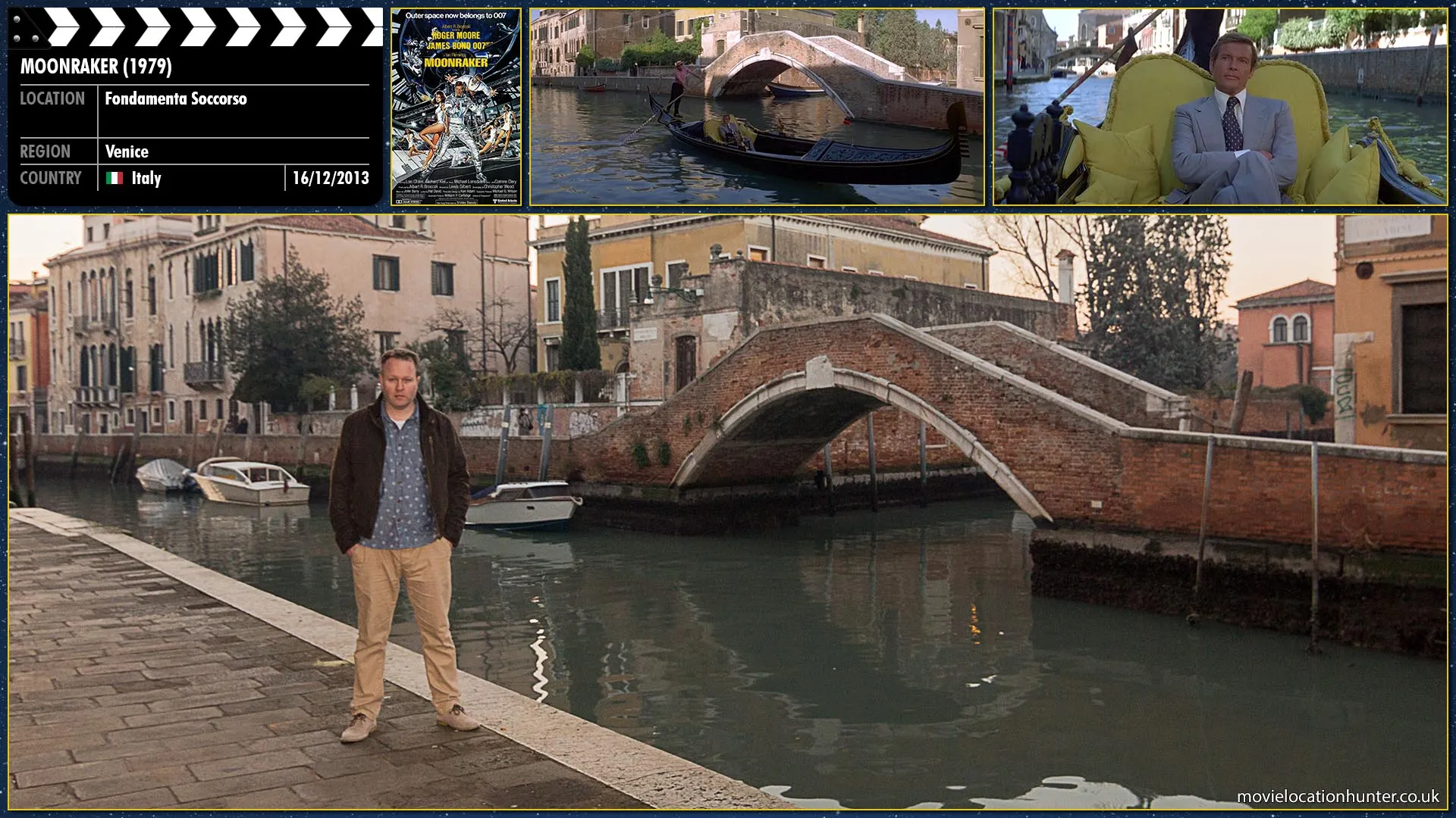 Filming location photo, shot in Italy, for Moonraker (1979). Scene description: Bond (Roger Moore) relaxes in a Gondola as he is taken through the Venetian canals.