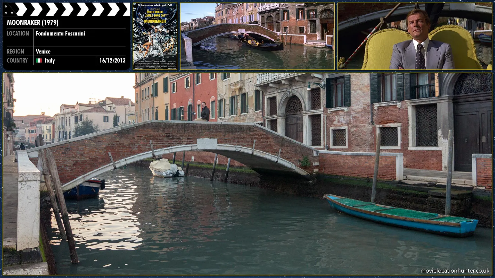 Filming location photo, shot in Italy, for Moonraker (1979). Scene description: Bond's (Roger Moore) eye catches a suspicious looking funeral boat coming towards them.