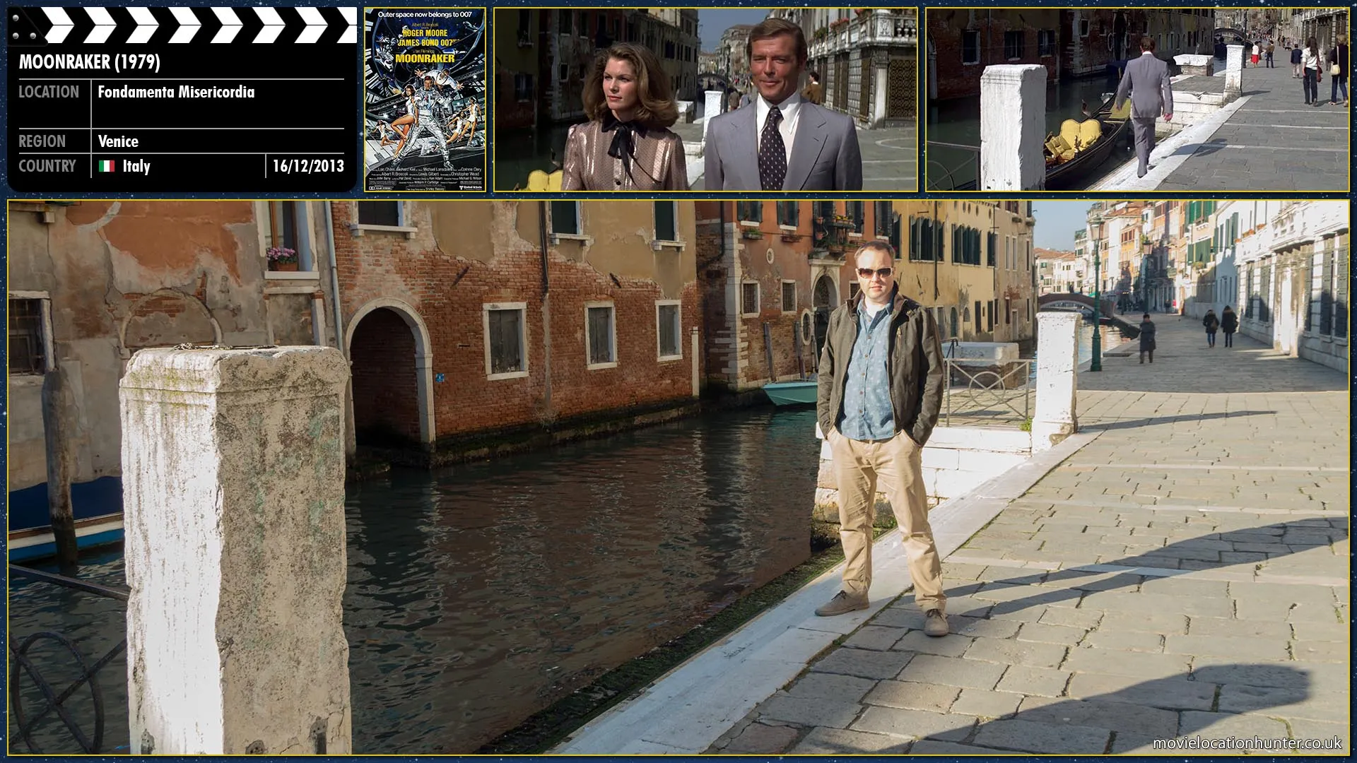 Filming location photo, shot in Italy, for Moonraker (1979). Scene description: After Goodhead (Lois Chiles) declines Bond's invitation to meet later he heads off in a gondola.