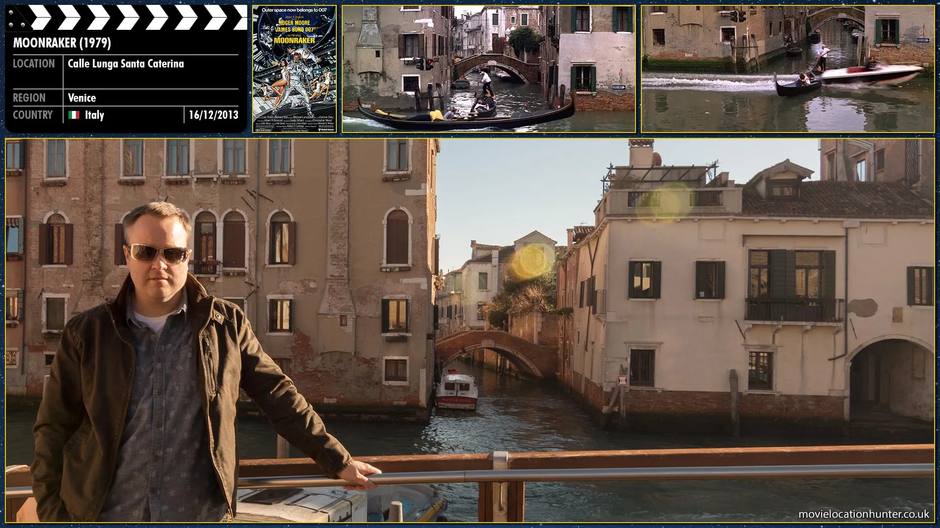 Filming location photo, shot in Italy, for Moonraker (1979). Scene description: Bond (Roger Moore) activates the Gondolas hidden power motor and is chased by two henchmen in a speedboat who crash through another Gondola with two oblivious lovers who continue kissing in just half a boat.