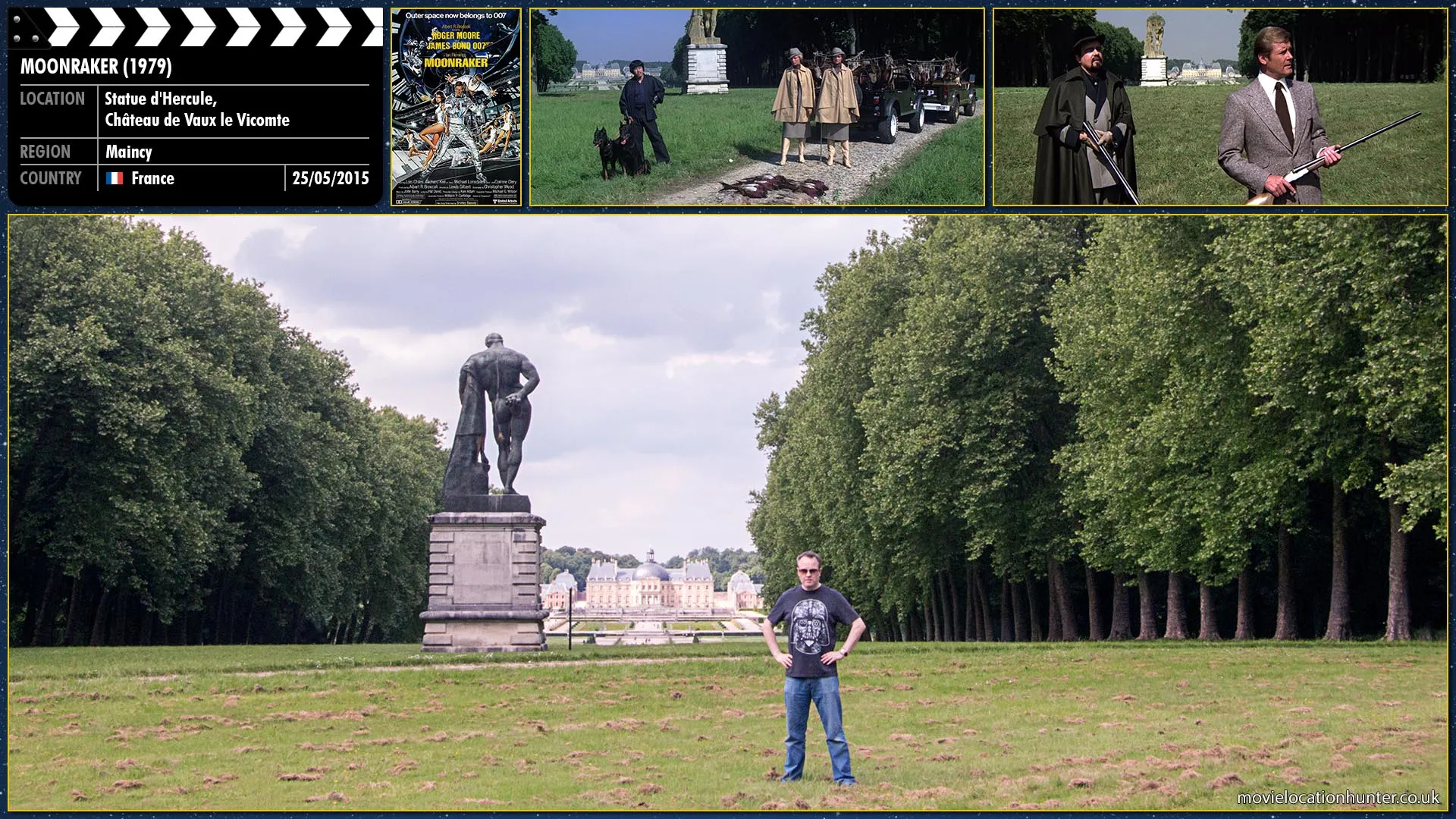 Filming location photo, shot in France, for Moonraker (1979). Scene description: Bond (Roger Moore) is asked to join Drax (Michael Lonsdale) for pheasant hunting. During the match, Bond slyly kills an assassin planted nearby by Drax.