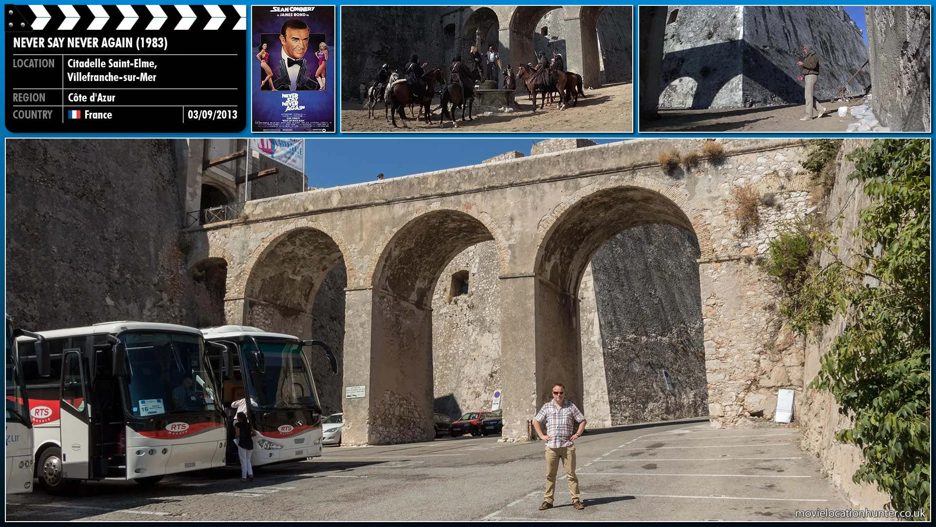 Filming location photo, shot in France, for Never Say Never Again (1983). Scene description: Largo (Klaus Maria Brandauer) gives Domino (Kim Basinger) to a man who intends to auction her off to a group of local Arab men.  Bond (Sean Connery) steals a horse from a guard and rescues Domino.