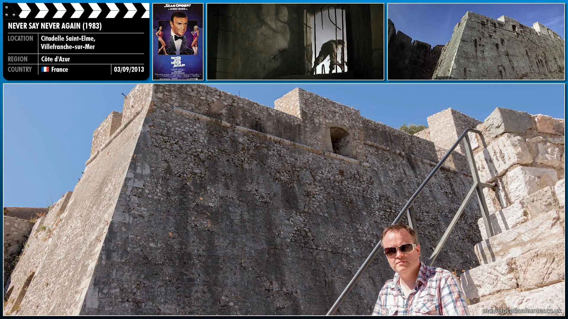 Filming location photo, shot in France, for Never Say Never Again (1983). Scene description: After arriving in North Africa, Largo (Klaus Maria Brandauer) retrieves the hidden nuclear warheads and imprisons Bond (Sean Connery) in an ancient fortress. He explains to Bond that the two nukes have different targets; one will be planted in Washington DC, but he refuses to reveal the other target specifically, which will be somewhere in the oil fields of the Middle East.  Bond waits until Largo leaves and escapes from his shackles using the laser built into his watch.  He uses the same laser to break through the cell window bars and throws the guard who comes to investigate out of the same window.