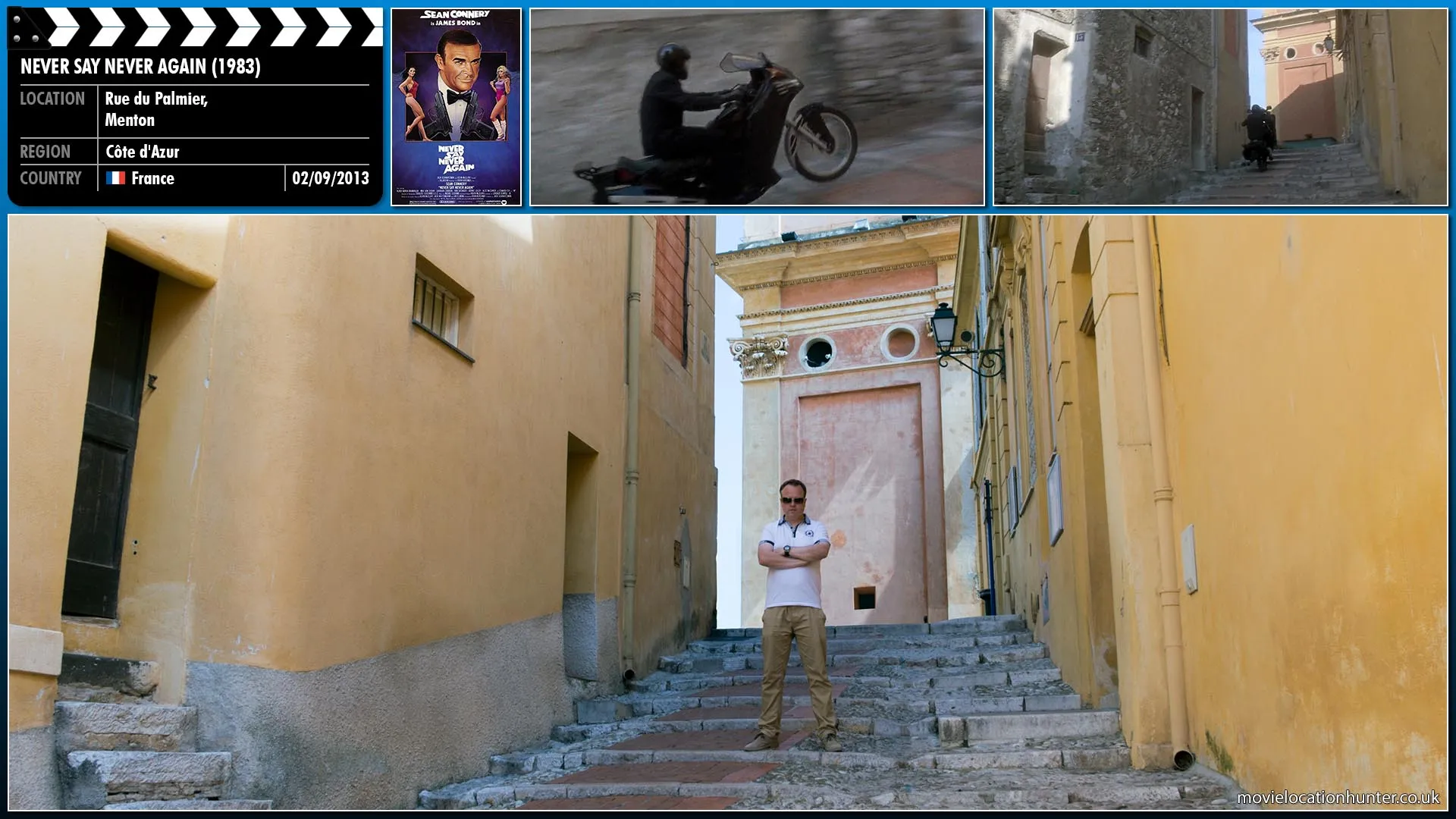 Filming location photo, shot in France, for Never Say Never Again (1983). Scene description: Bond (Sean Connery) pursues Fatima (Barbara Carrera) in a furious chase through the small streets on a turbo charged motorcycle.