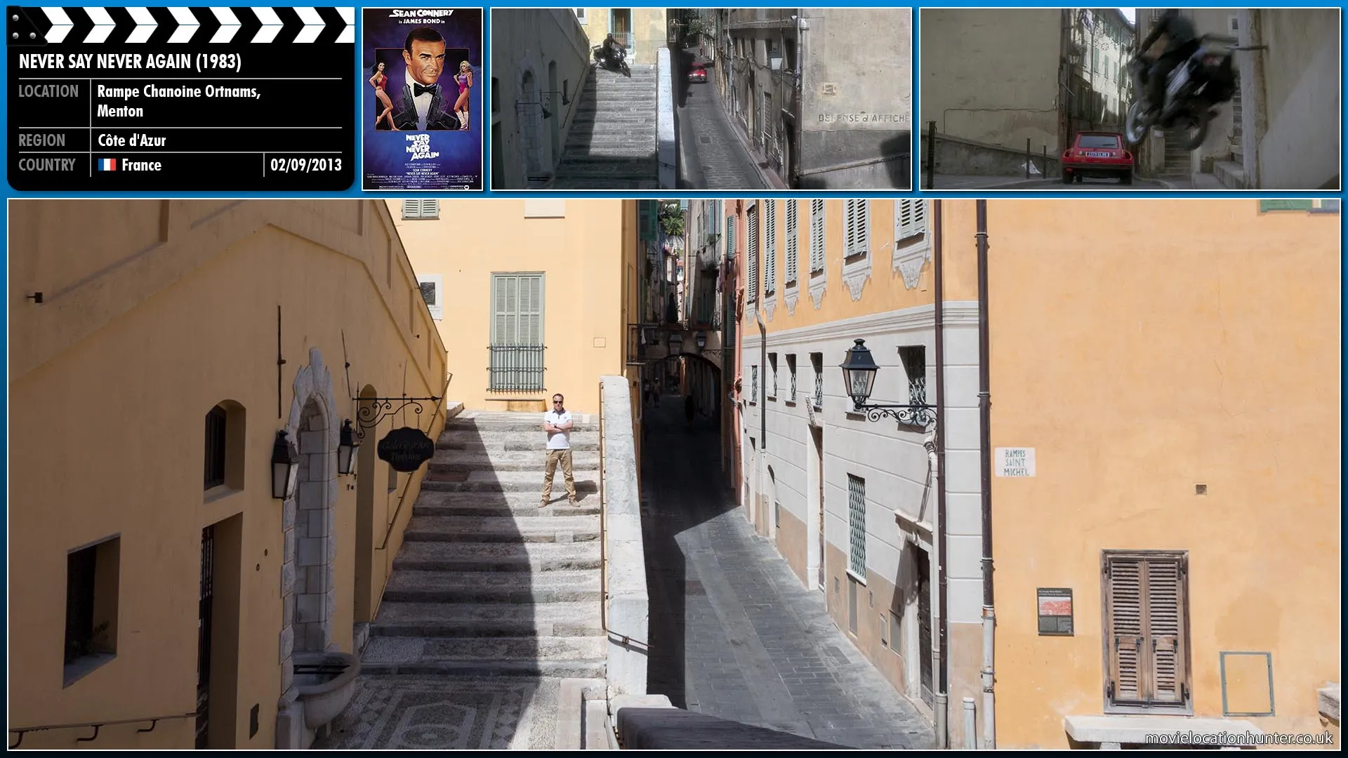 Filming location photo, shot in France, for Never Say Never Again (1983). Scene description: Bond (Sean Connery) takes a shortcut in pursuit of Fatima (Barbara Carrera).