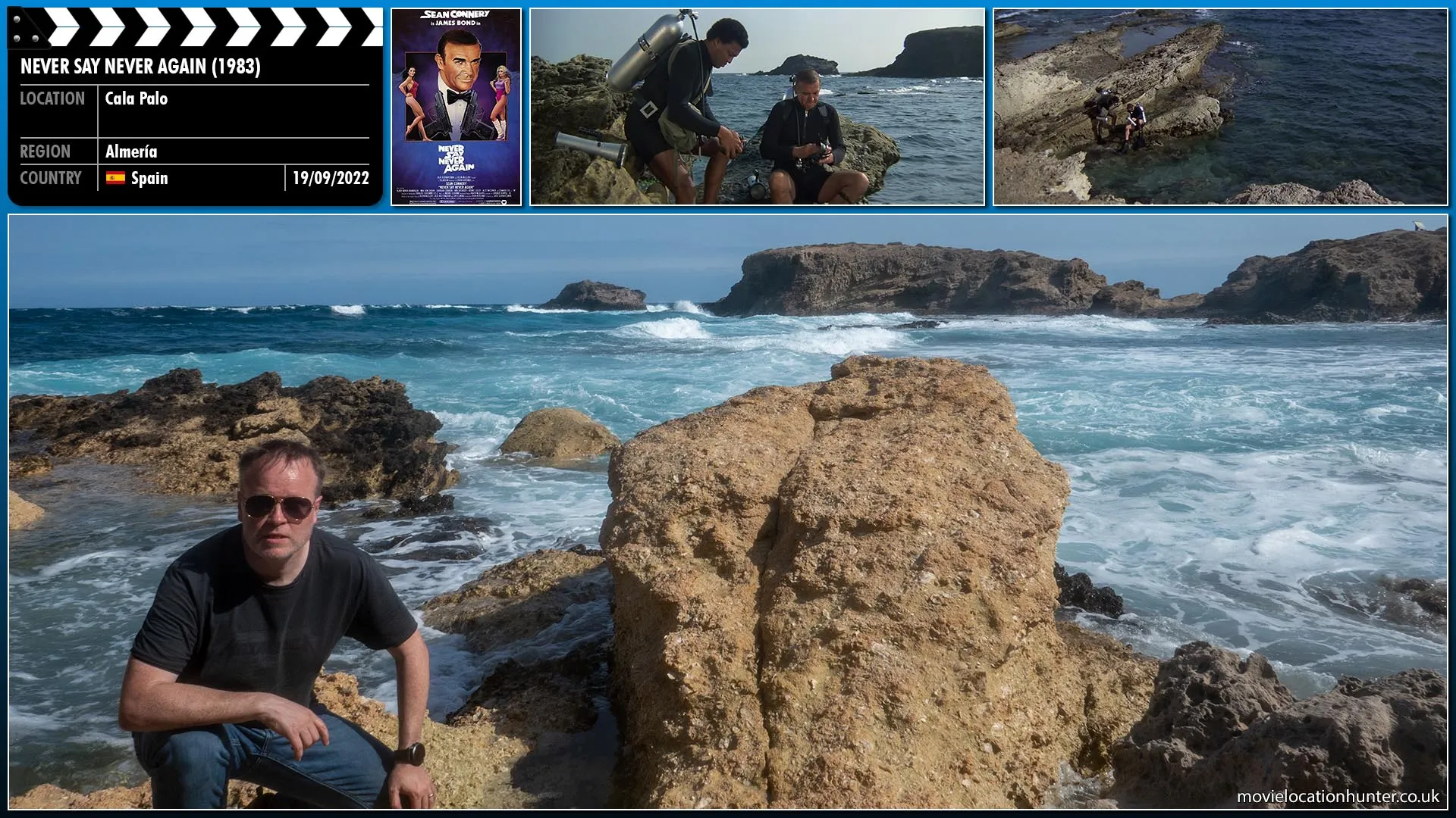 Filming location photo, shot in Spain, for Never Say Never Again (1983). Scene description: Before the Flying Saucer sets sail, Bond (Sean Connery) and Leiter (Bernie Casey) scuba dive to it's keel, finding that it's designed to open, which it does.