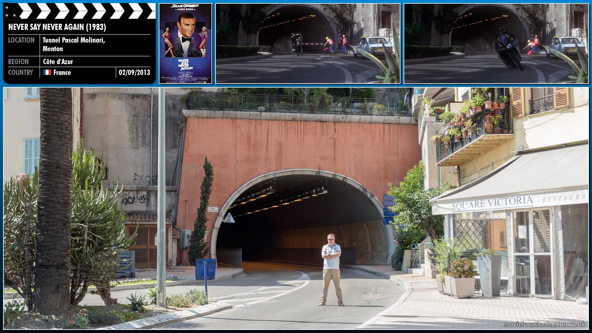 Filming location photo, shot in France, for Never Say Never Again (1983). Scene description: Bond (Sean Connery) follows Fatima (Barbara Carrera) into a tunnel which turns out to be a trap.