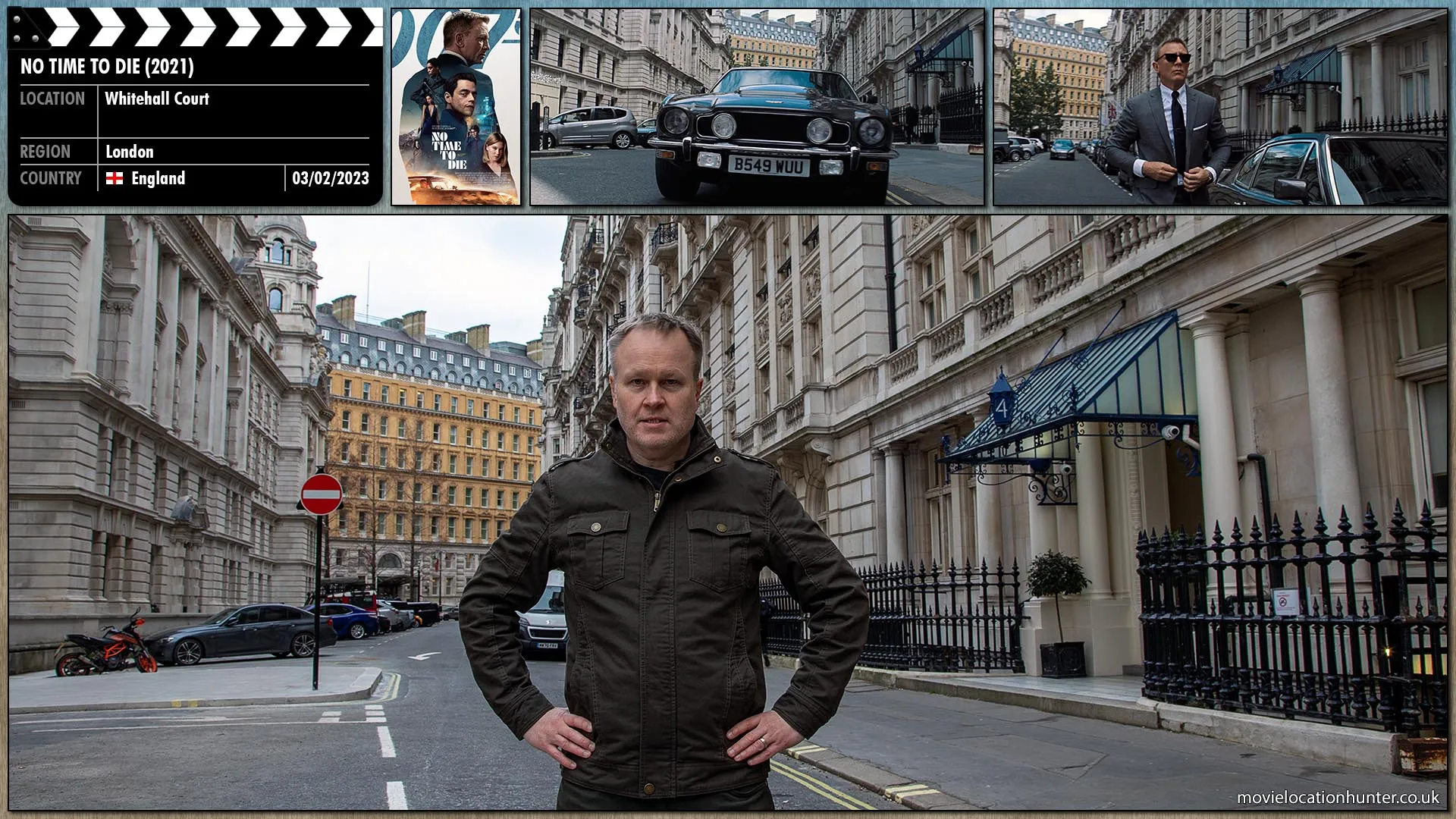 Filming location photo, shot in England, for No Time to Die (2021). Scene description: Bond (Daniel Craig) steps out of his Aston Martin V8 dressed in a sharp suit and walks towards the Ministry of Defence building.