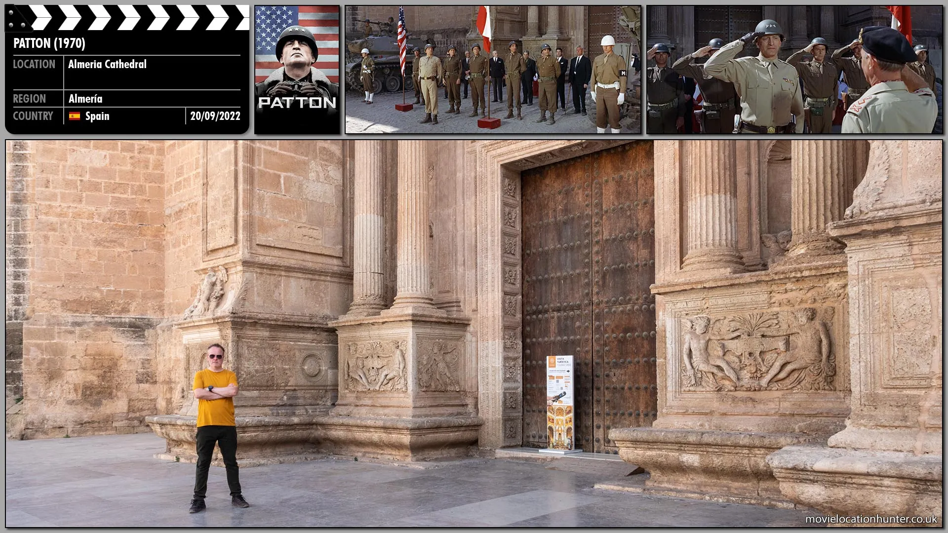 Filming location photo, shot in Spain, for Patton (1970). Scene description: Patton (George C. Scott) stands before the Messina town hall backed by his nattily uniformed staff. Patton wears a triumphant smile on his face as Montgomery (Michael Bates) approaches, smiles and salutes.