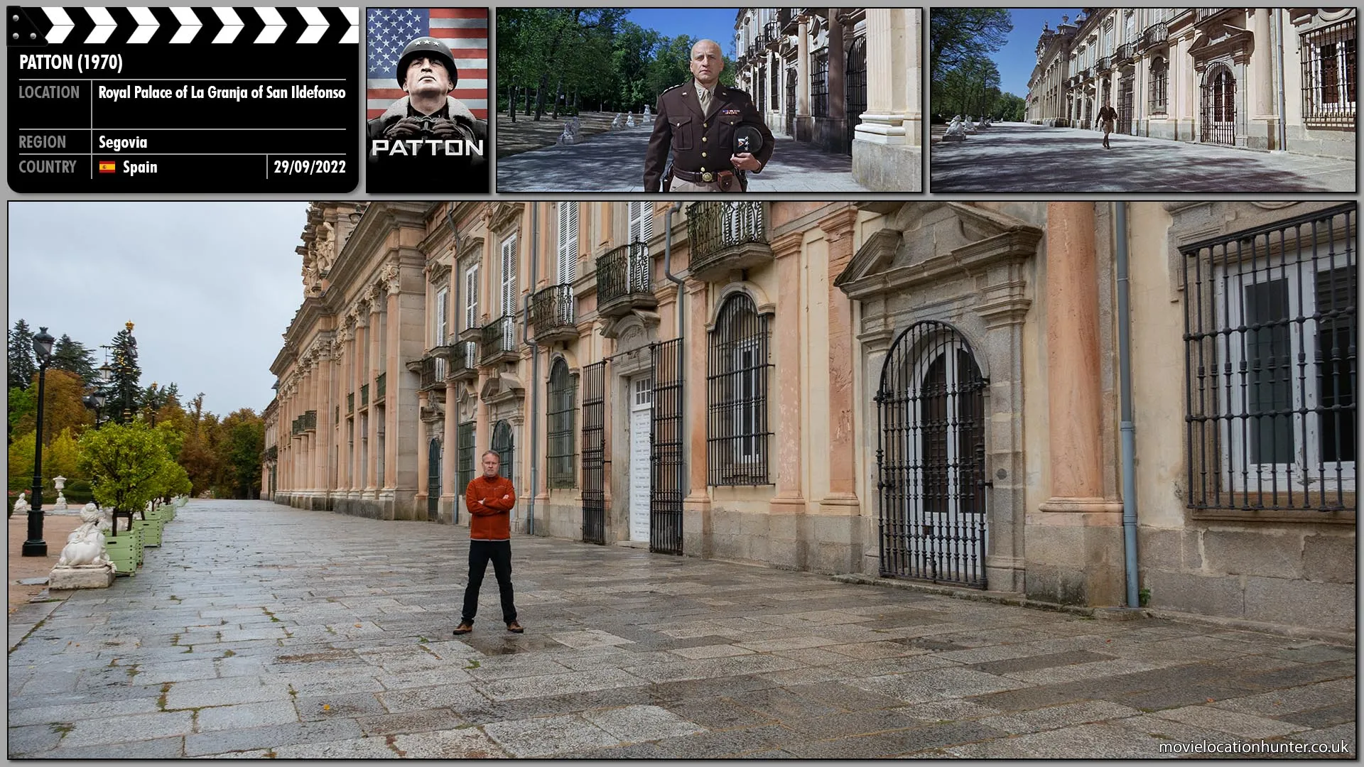 Filming location photo, shot in Spain, for Patton (1970). Scene description: Patton (George C. Scott) strides impressively alongside the palazzo as he walks towards the head of a broad terrace.