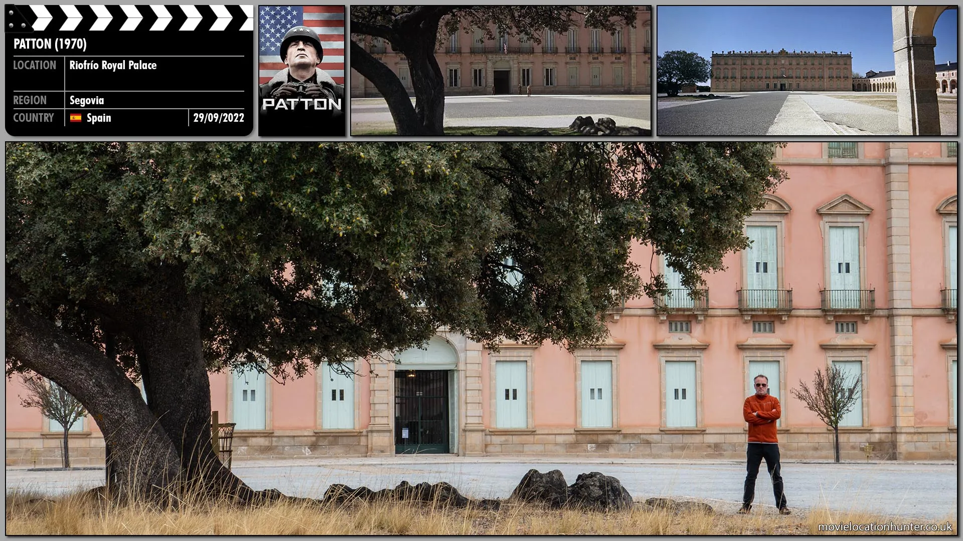 Filming location photo, shot in Spain, for Patton (1970). Scene description: It is a grey winter day, the sun blotted out by an overcast that mutes all colours.  Patton (George C. Scott) comes out of the building alone, deep in his own unhappiness.