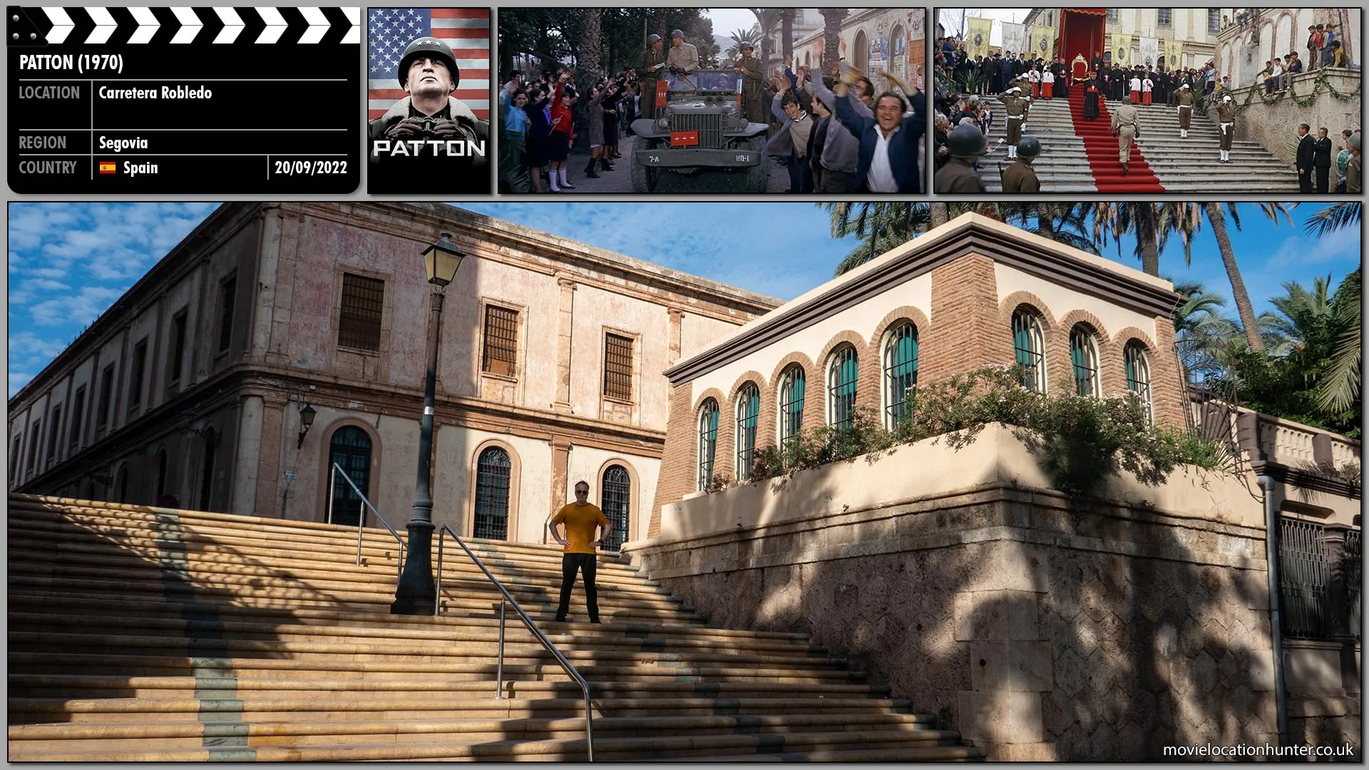 Filming location photo, shot in Spain, for Patton (1970). Scene description: American military vehicles press through the cheering crowds as people offer lemons and watermelons to the victorious Americans.  The convoy comes to a halt in front of a cathedral, at the entrance to which stands a Cardinal in all his finery.  Leaving his car, Patton (George C. Scott) strides over and kisses the Cardinal’s ring, a gesture which is theatrically perfect and brings a ringing cheer from the people lining the sidewalk.