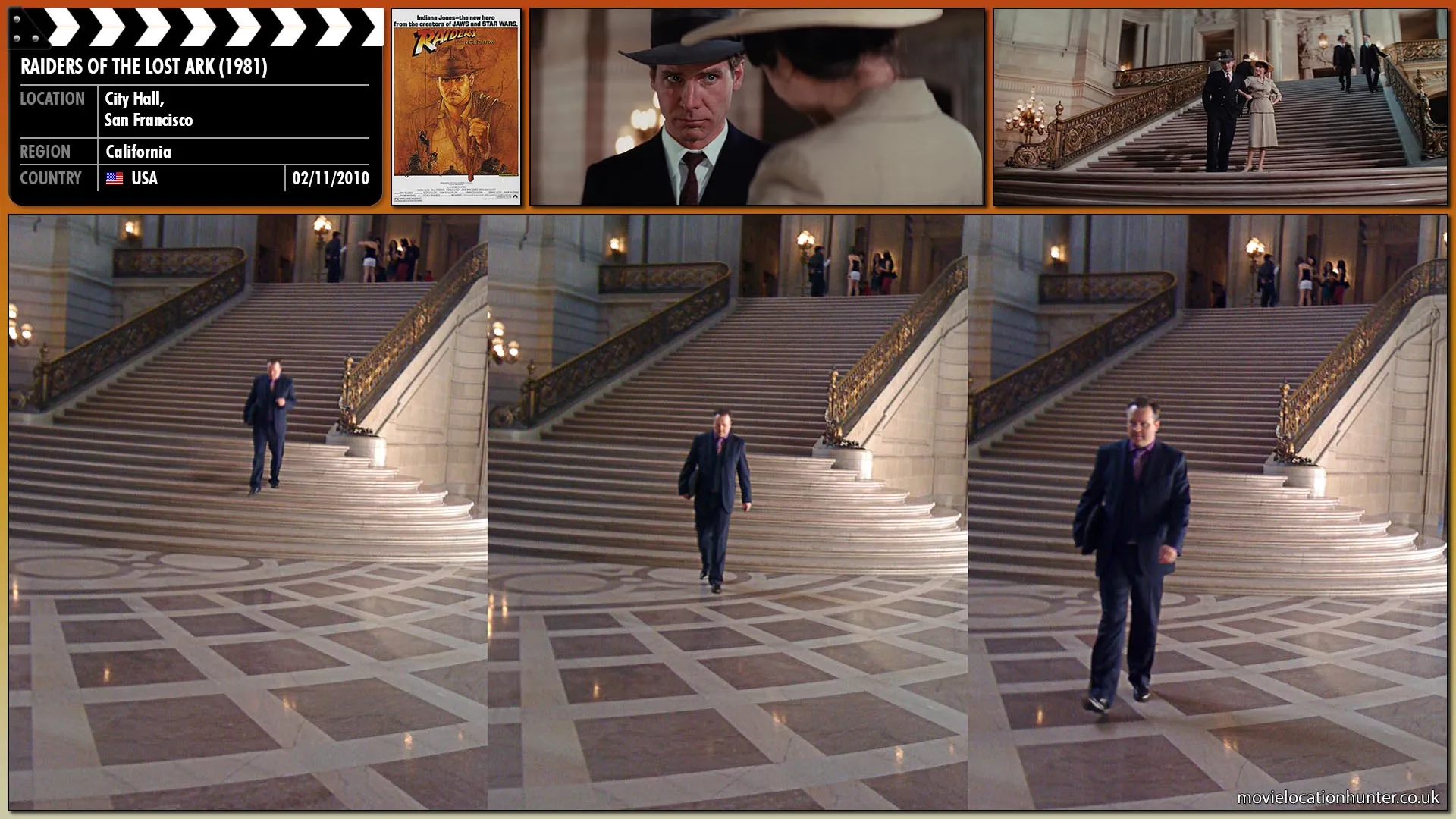 Filming location photo, shot in USA, for Raiders of the Lost Ark (1981). Scene description: Indy (Harrison Ford) and Marcus (Denholm Elliott) feud with the Army officers over the whereabouts of the Ark, Indy angry that the Army has no idea what it has in the Ark.  Marion (Karen Allen) waits for him outside and when he arrives can see he is not happy.  