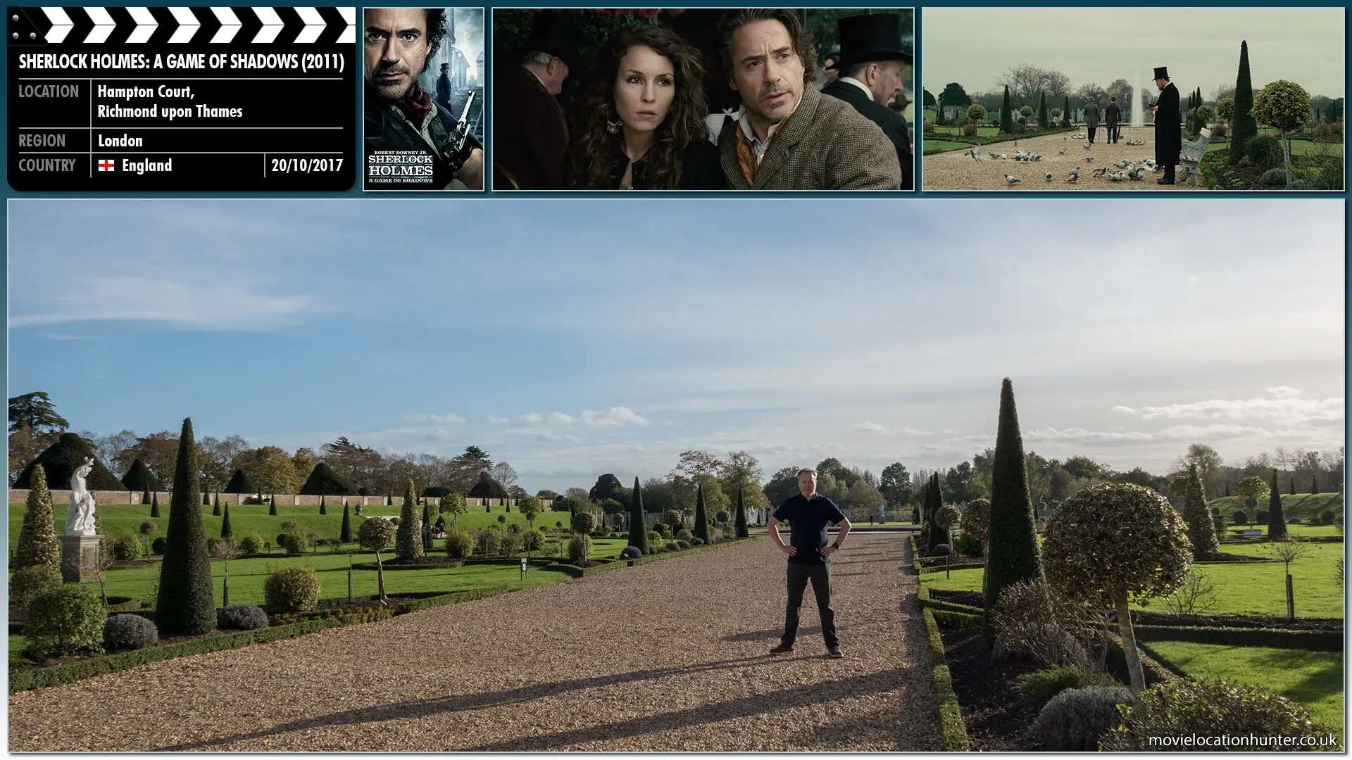 Filming location photo, shot in England, for Sherlock Holmes: A Game of Shadows (2011). Scene description: Professor Moriarty (Jared Harris) indulges in his little habit of feeding feral pigeons.