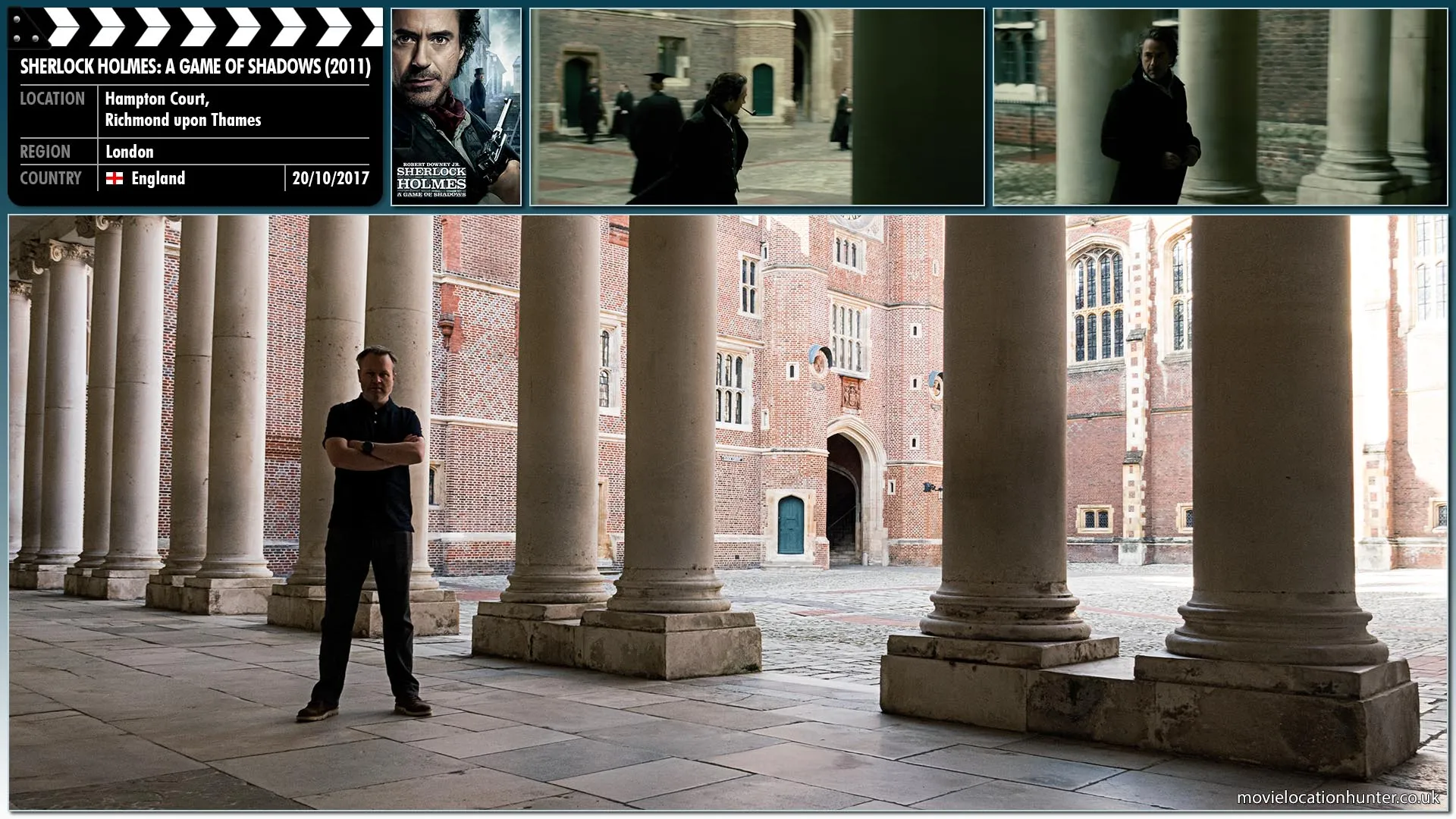 Filming location photo, shot in England, for Sherlock Holmes: A Game of Shadows (2011). Scene description: Holmes (Robert Downey Jr.) responds to an invitation from Professor Moriarty (Jared Harris) to visit him at his college.