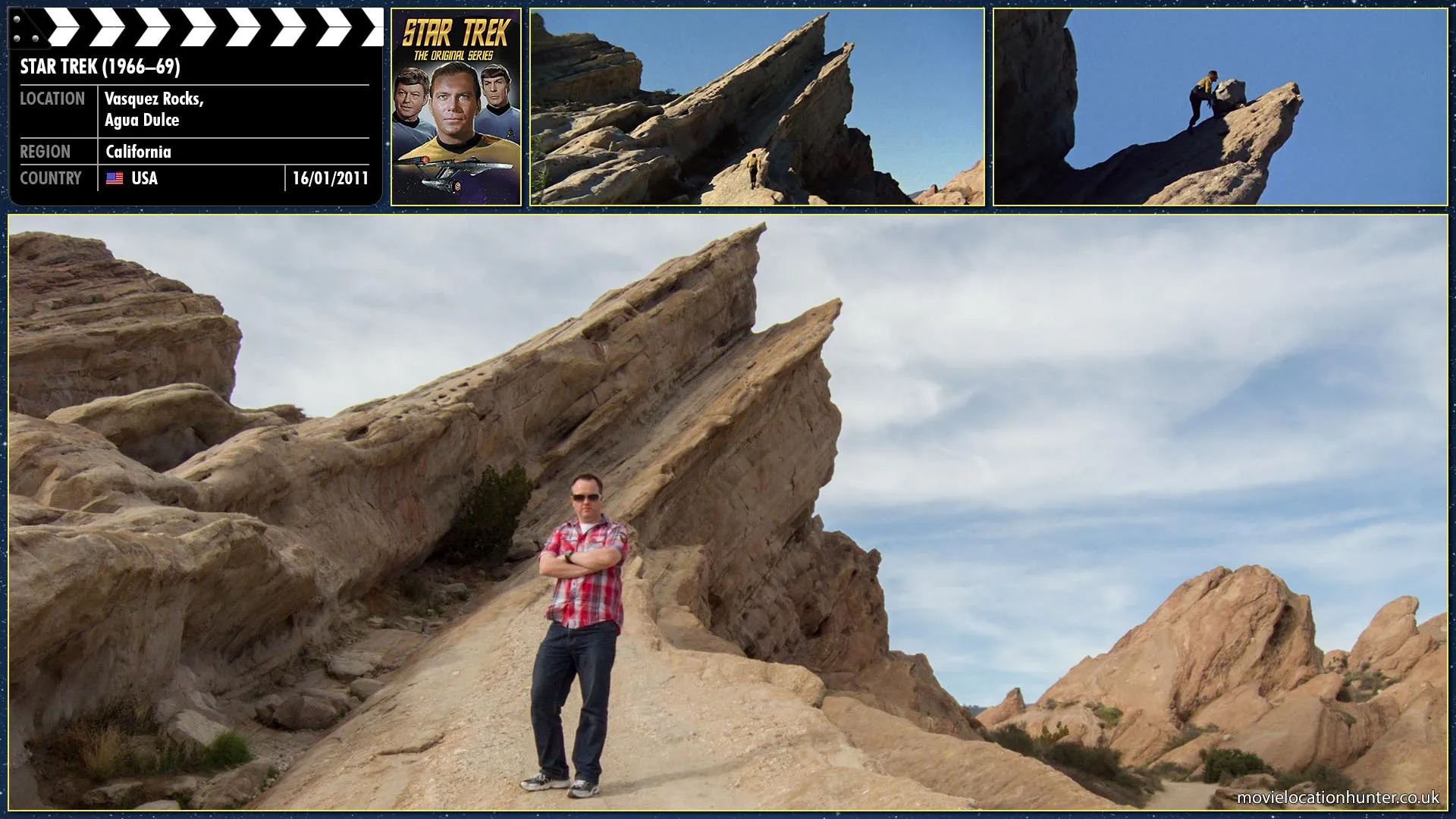 Filming location photo, shot in USA, for Star Trek (1966). Scene description: Gaining higher ground, Kirk (William Shatner) pushes a boulder over a ridge and watches in amazement as it just bounces off the Gorn's (Bobby Clark) chest.