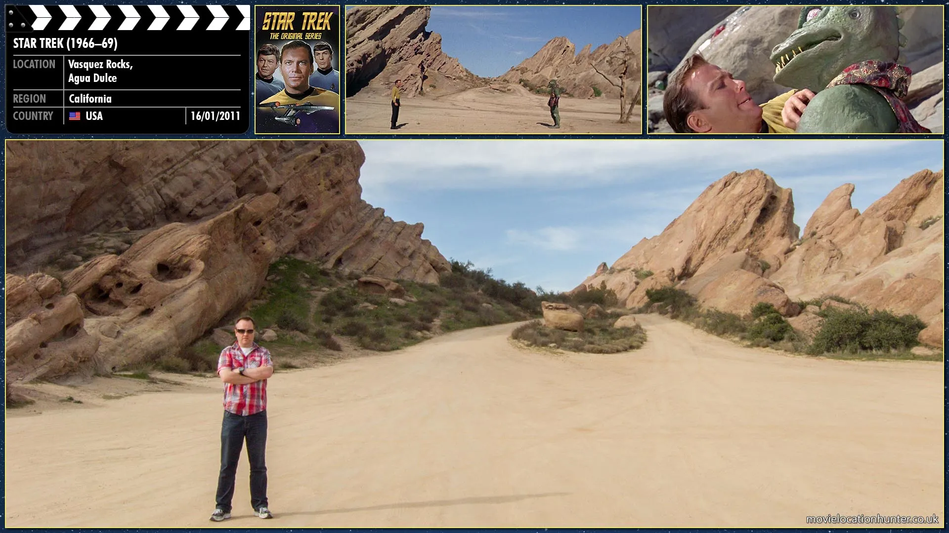 Filming location photo, shot in USA, for Star Trek (1966). Scene description: The Gorn (Bobby Clark) tracks down Kirk (William Shatner), and Kirk realizes he is outmatched physically and relies on his agility to outrun the Gorn.