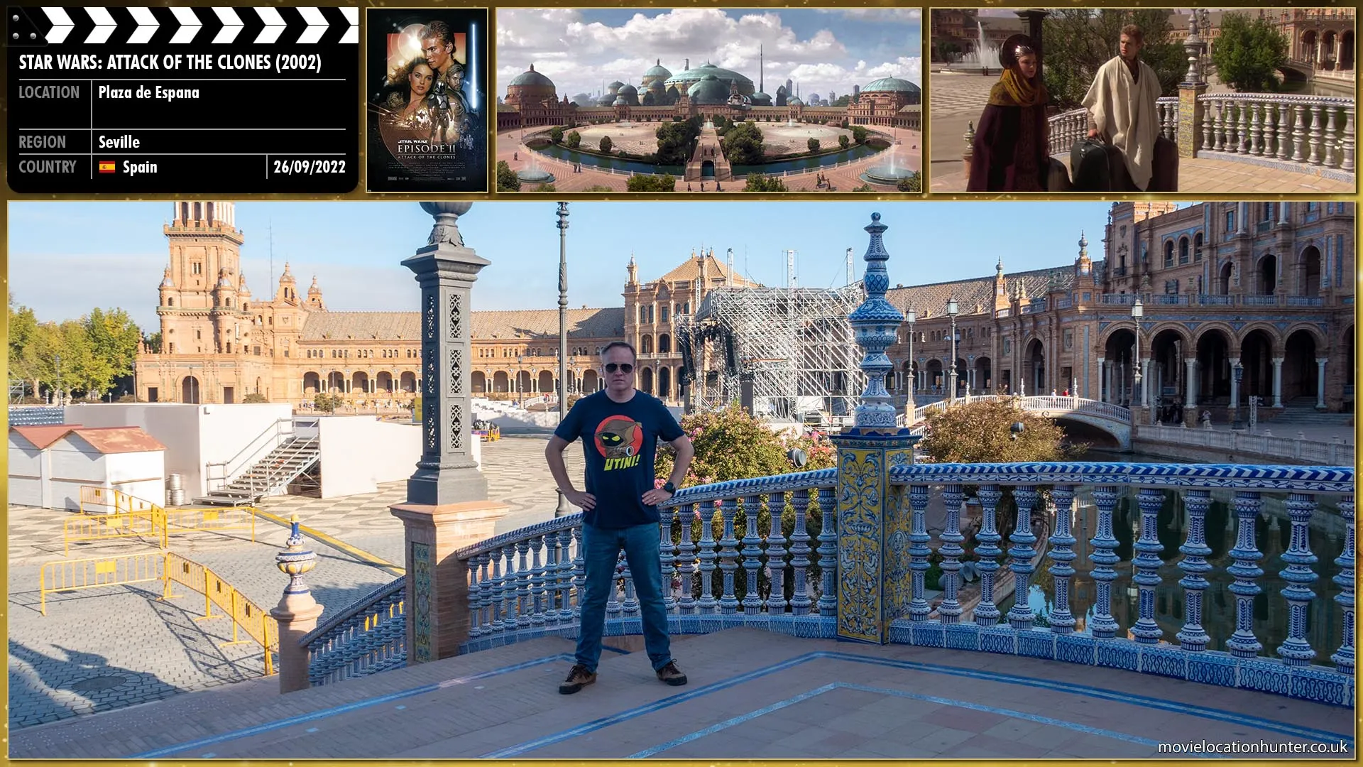 Filming location photo, shot in Spain, for Star Wars: Attack of the Clones (2002). Scene description: A Starfreighter lands in the giant port city of Theed.  Padmé (Natalie Portman), Anakin (Hayden Christensen) and Artoo are among the passengers streaming from the Starfreighter.
