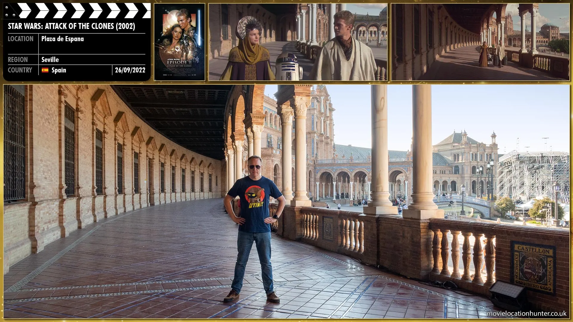 Filming location photo, shot in Spain, for Star Wars: Attack of the Clones (2002). Scene description: Padmé (Natalie Portman) and Anakin (Hayden Christensen) walk together around the grand half-circle. Artoo trundles behind them.