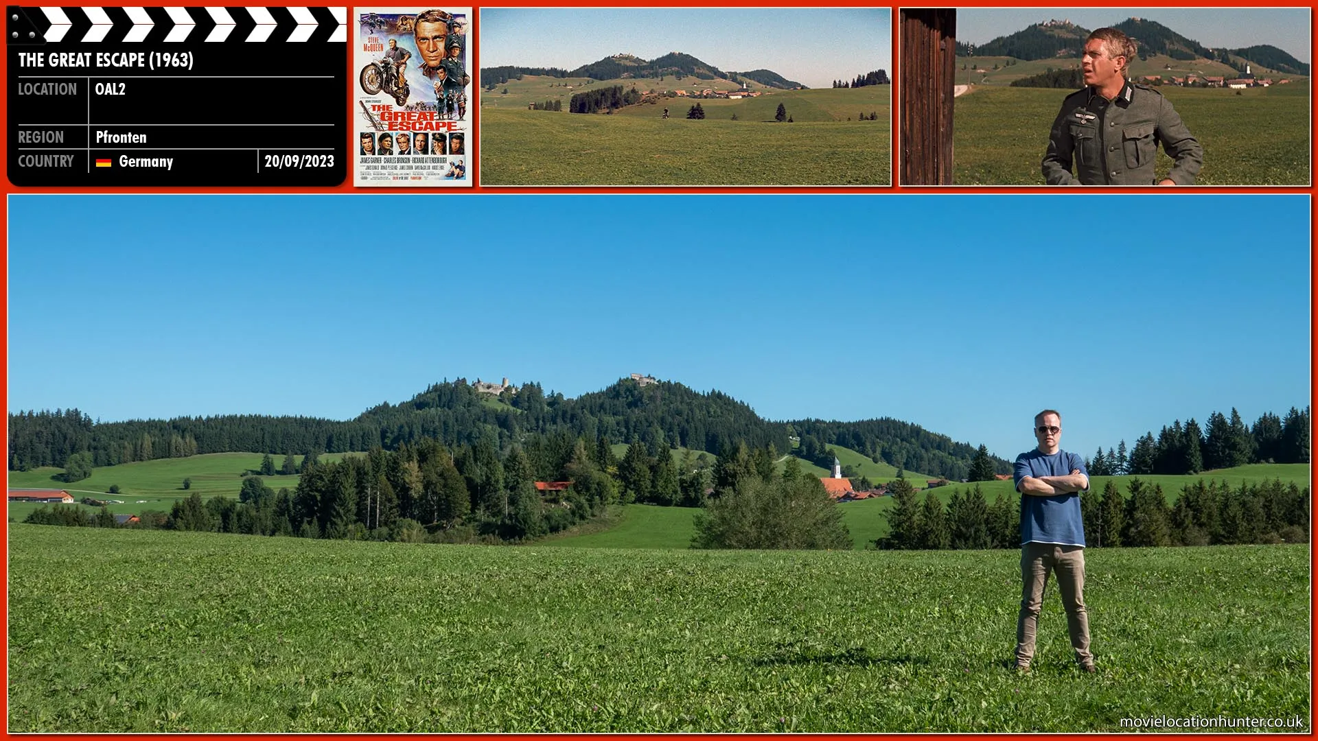 Filming location photo, shot in Germany, for The Great Escape (1963). Scene description: Hilts (Steve McQueen) makes a brazen escape on his stolen motorcycle, eventually losing his pursuers as he arrives on a farm