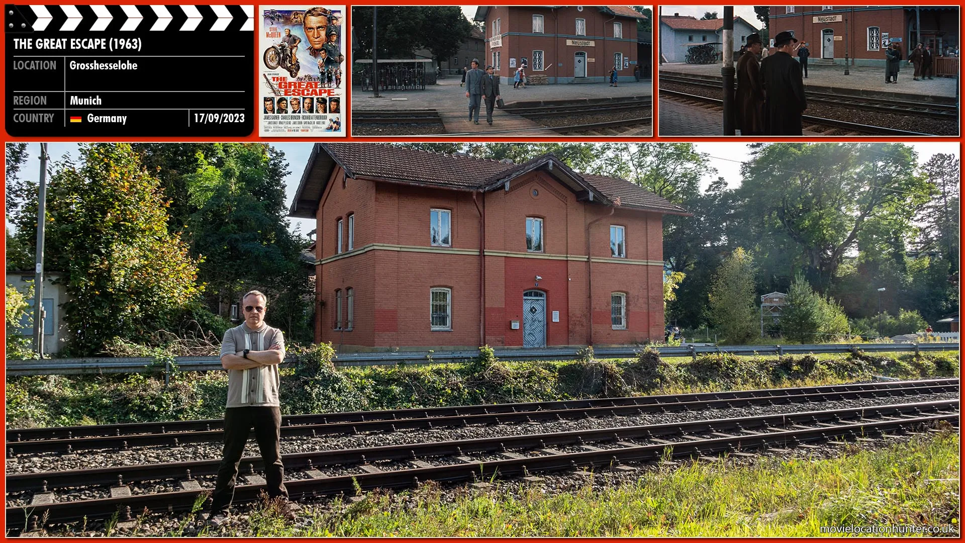 Filming location photo, shot in Germany, for The Great Escape (1963). Scene description: Bartlett (Richard Attenborough) and MacDonald (Gordon Jackson) arrive at the station as Hendley (James Garner), taking Blythe's (Donald Pleasence) arm, guides him across the tracks and onto the platform.