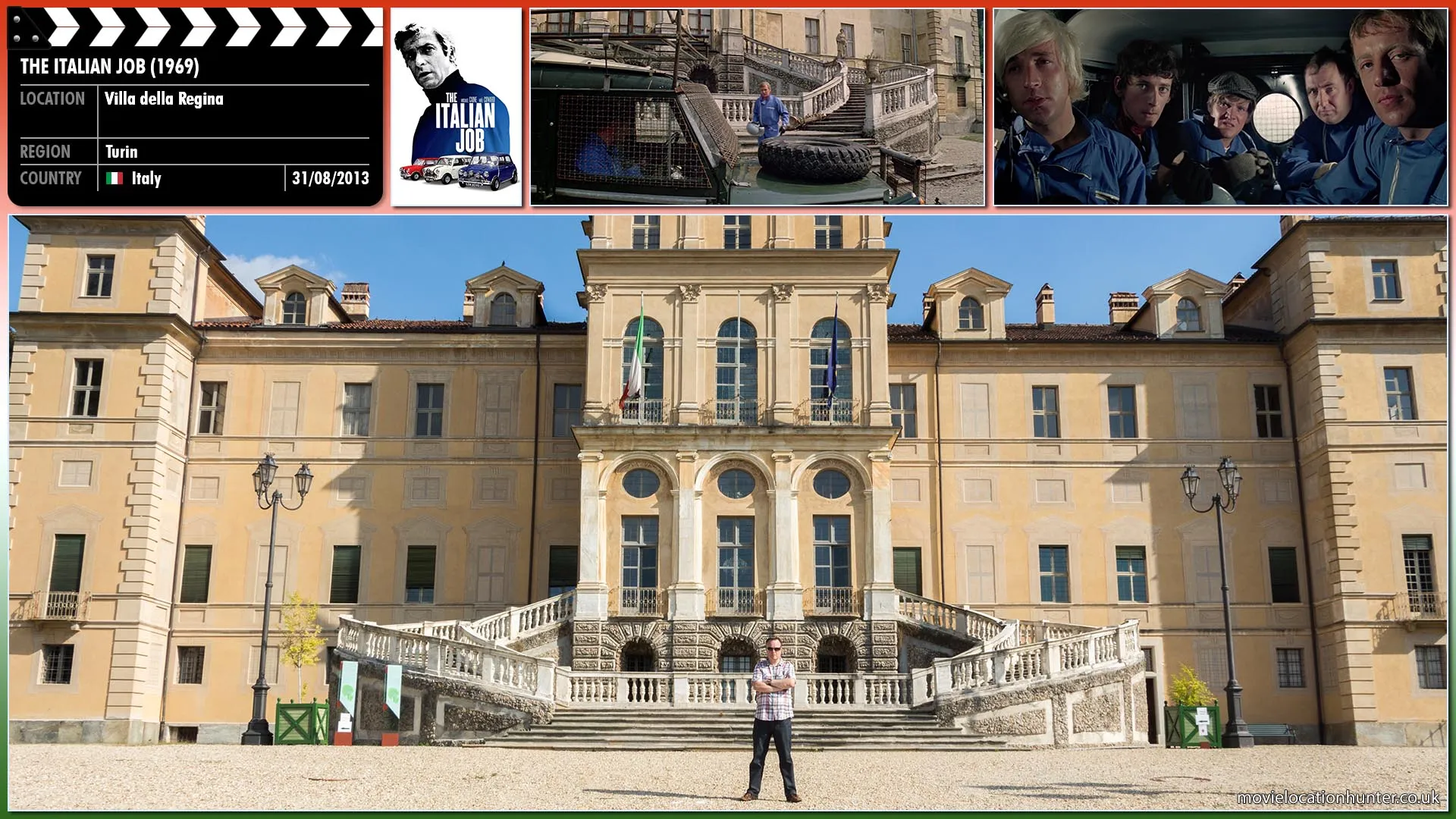 Filming location photo, shot in Italy, for The Italian Job (1969). Scene description: Charlie Croker (Caine) and his team prepare to leave their villa hideout.