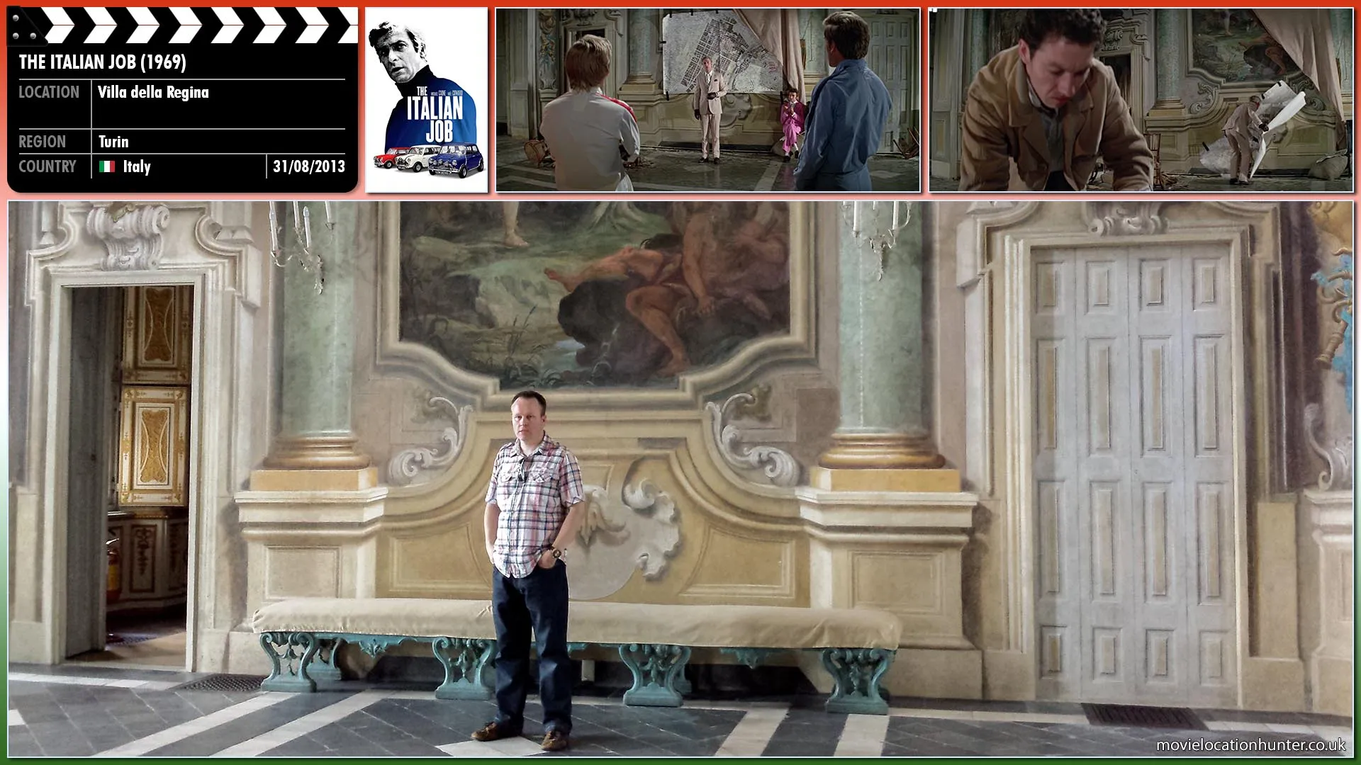 Filming location photo, shot in Italy, for The Italian Job (1969). Scene description: Croker (Caine) goes over the plan one final time and then destroys the plans so they cannot be tracked.