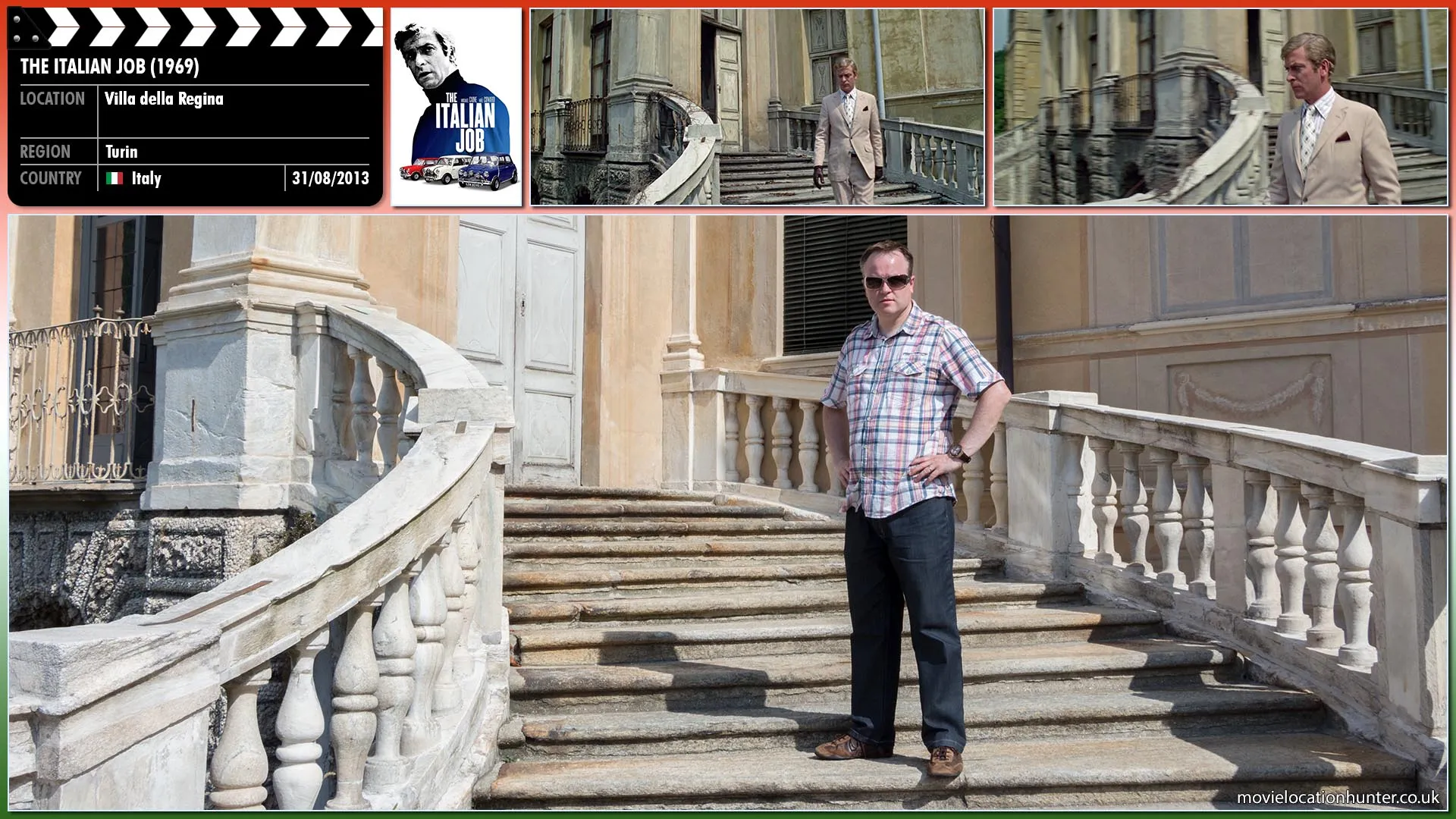 Filming location photo, shot in Italy, for The Italian Job (1969). Scene description: With the plan in place, Croker (Michael Caine) exits the Villa.