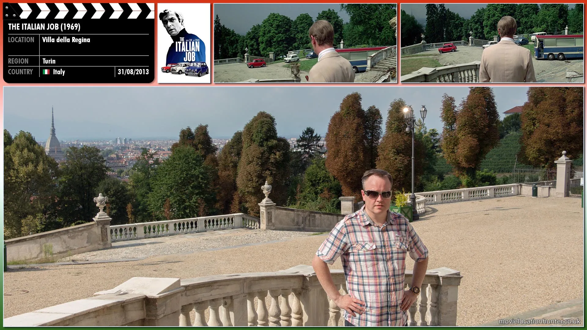 Filming location photo, shot in Italy, for The Italian Job (1969). Scene description: Croker (Michael Caine) watches the team departing as they prepare for the heist.