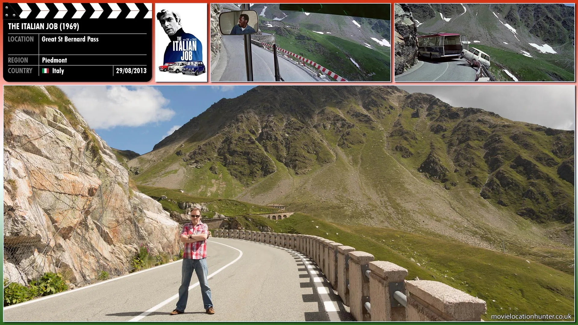 Filming location photo, shot in Italy, for The Italian Job (1969). Scene description: On their way to Switzerland on winding mountain roads they unload the minis and then throw them out of the back over the edge.