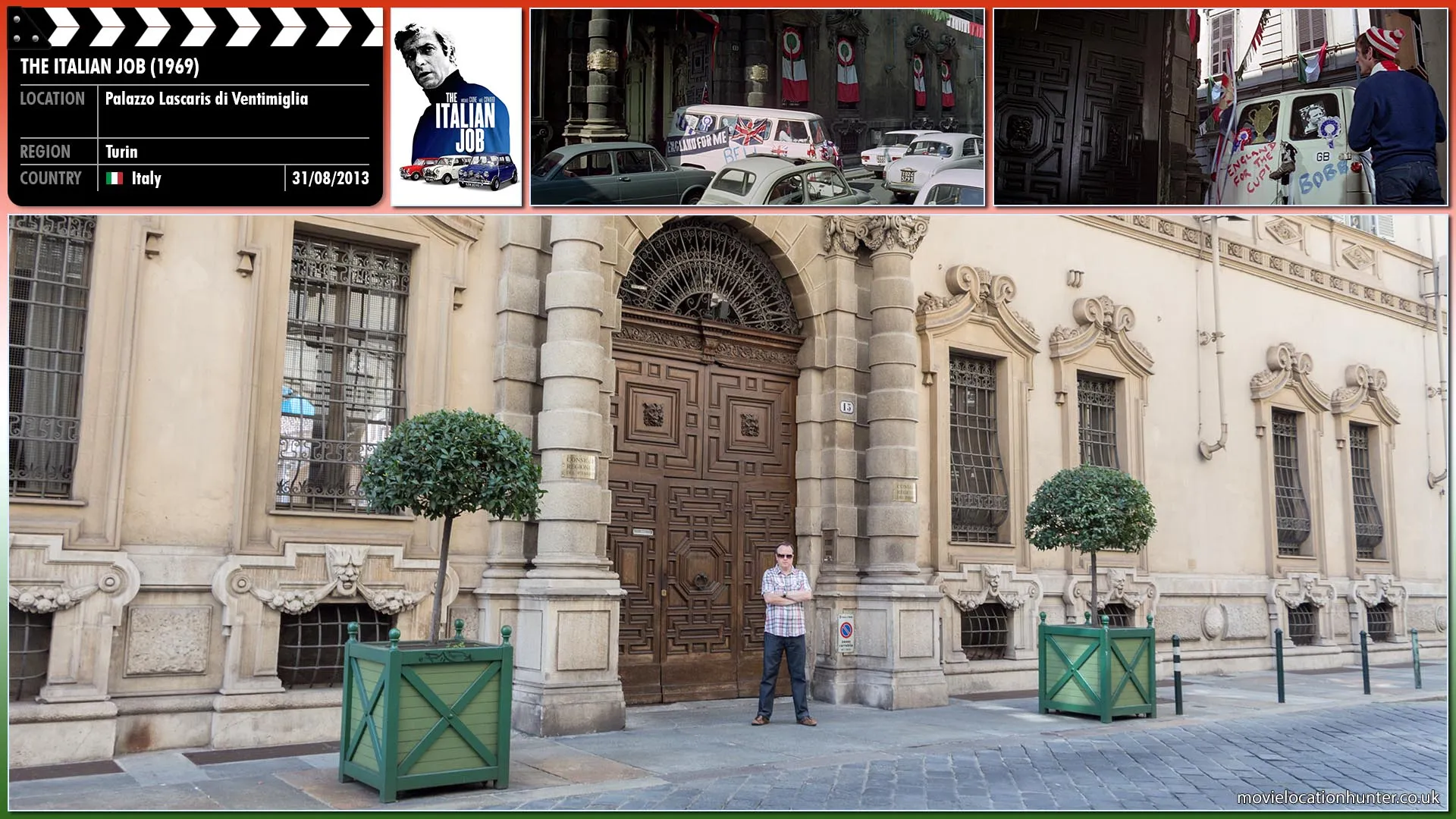 Filming location photo, shot in Italy, for The Italian Job (1969). Scene description: Making their escape some of the team dress as England fans and use a mini-bus to blend in with the traffic.