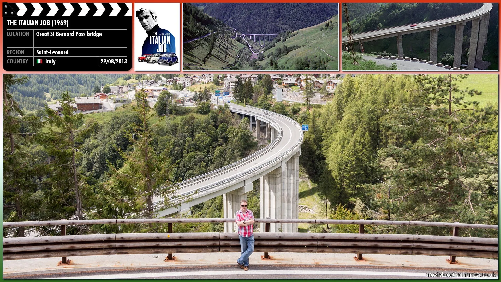 Filming location photo, shot in Italy, for The Italian Job (1969). Scene description: Beckerman (Rossana Brazzi) the Mafia boss drives his Lamborghini Miura through the Alps to the Matt Monro singing “On Days Like These”.