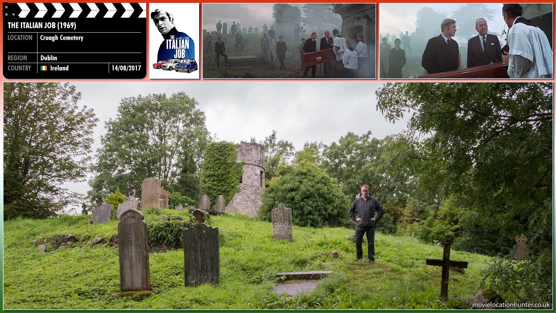 Filming location photo, shot in Ireland, for The Italian Job (1969). Scene description: Mr. Bridger (Noël Coward) arranges a fake funeral so he can warn Croker (Michael Caine) about the Mafia before he heads off to Italy.