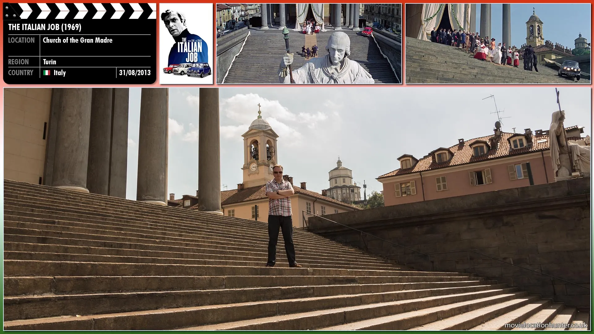 Filming location photo, shot in Italy, for The Italian Job (1969). Scene description: Croker (Michael Caine) leads minis through Turin driving across the path of a wedding leaving a church with the police in pursuit.