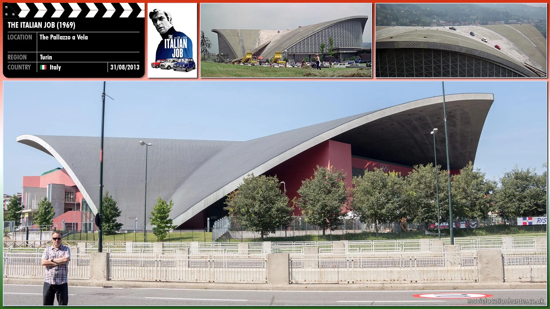 Filming location photo, shot in Italy, for The Italian Job (1969). Scene description: The minis lead the police up and onto the roof of a building where the police car stops confused as to where they could have gone only for them to drive past him at speed and back down onto the road.