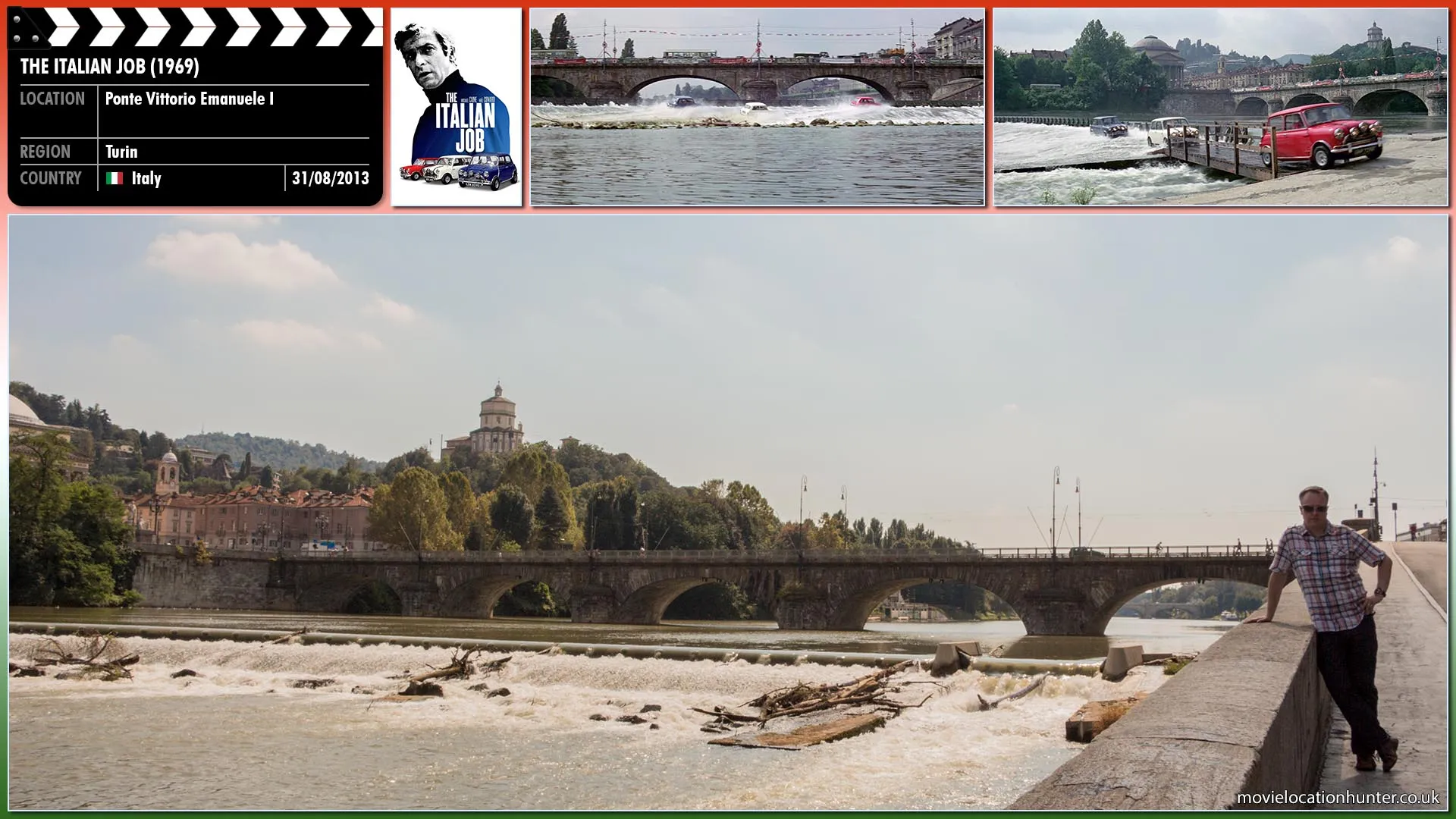Filming location photo, shot in Italy, for The Italian Job (1969). Scene description: With the gold on-board and the police still in pursuit the gang drive the minis across the river to lose their pursuers. The three minis make it, but the police are not so successful and get carried down the river.