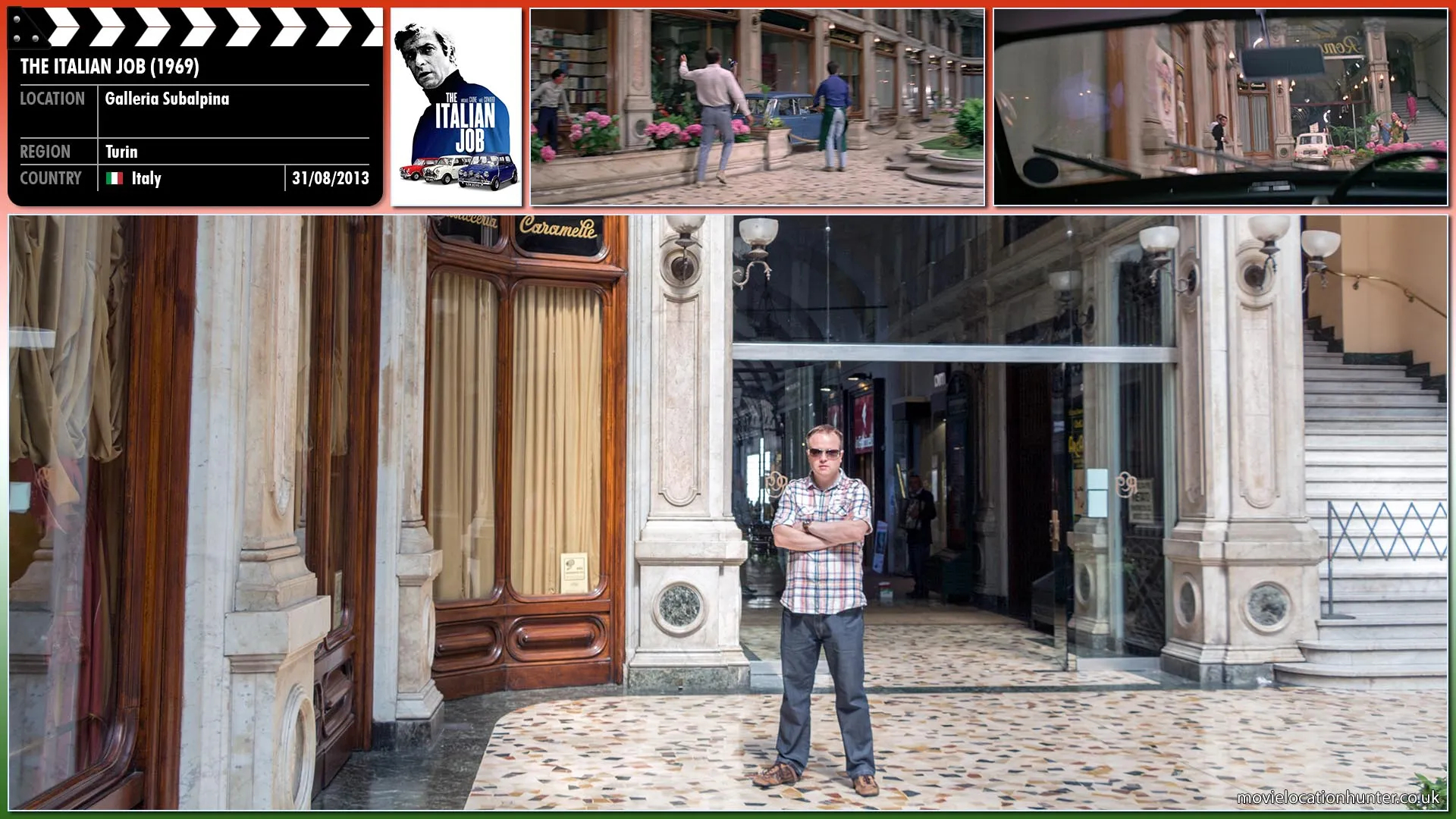 Filming location photo, shot in Italy, for The Italian Job (1969). Scene description: The minis drive through a shopping arcade trying to escape from the police.