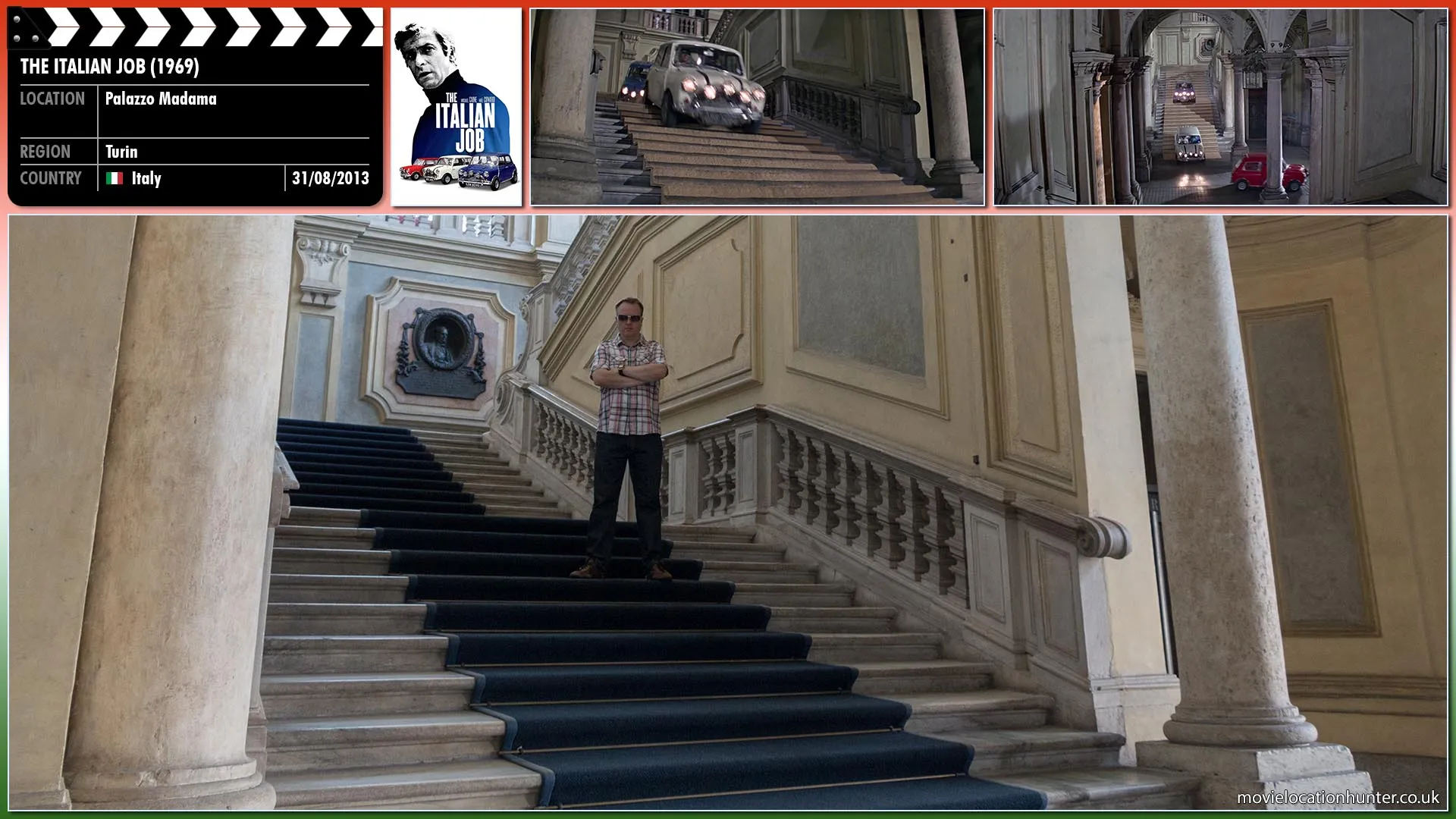 Filming location photo, shot in Italy, for The Italian Job (1969). Scene description: The minis drive down the steps of a palace.