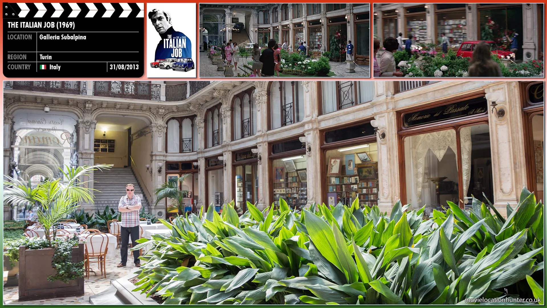 Filming location photo, shot in Italy, for The Italian Job (1969). Scene description: The minis drive down the steps and into a shopping arcade.